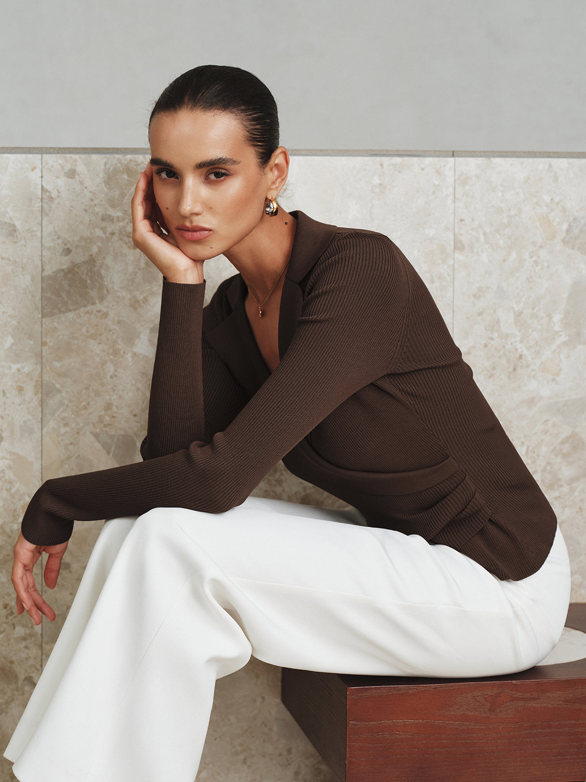 Ribbed Knit Collared Top