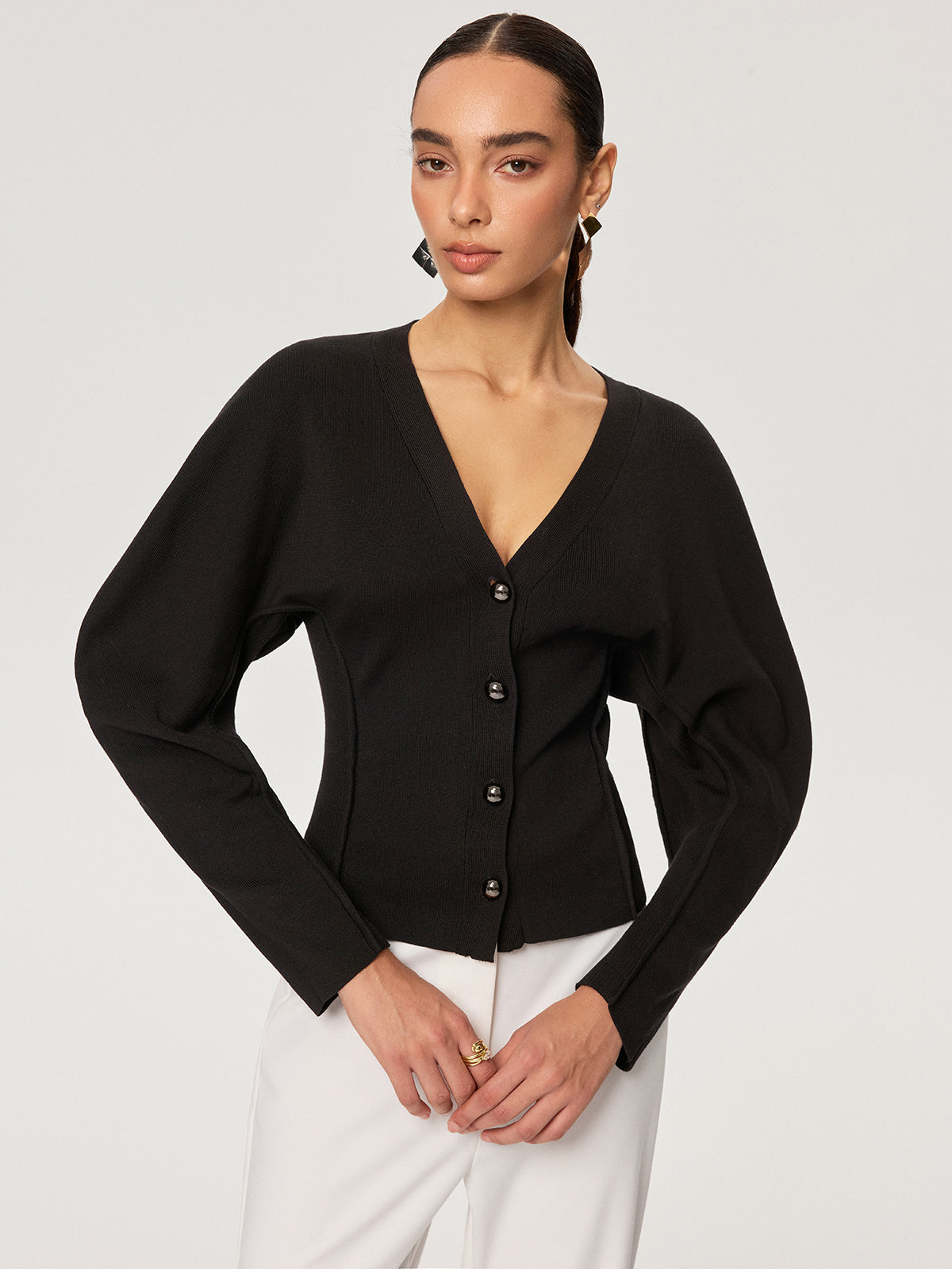 V-Neck Button-Front Puff Sleeve Cardigan