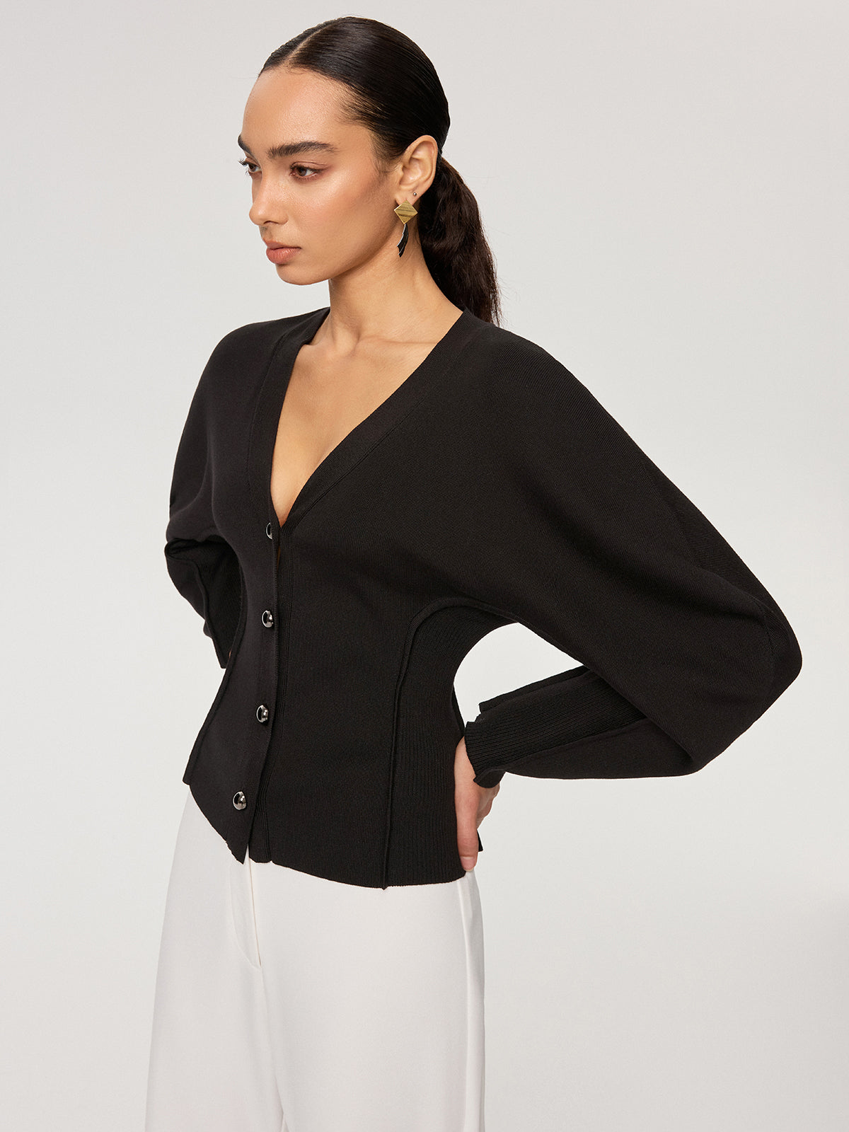 Gilet Col V Boutonné à Manches Bouffantes