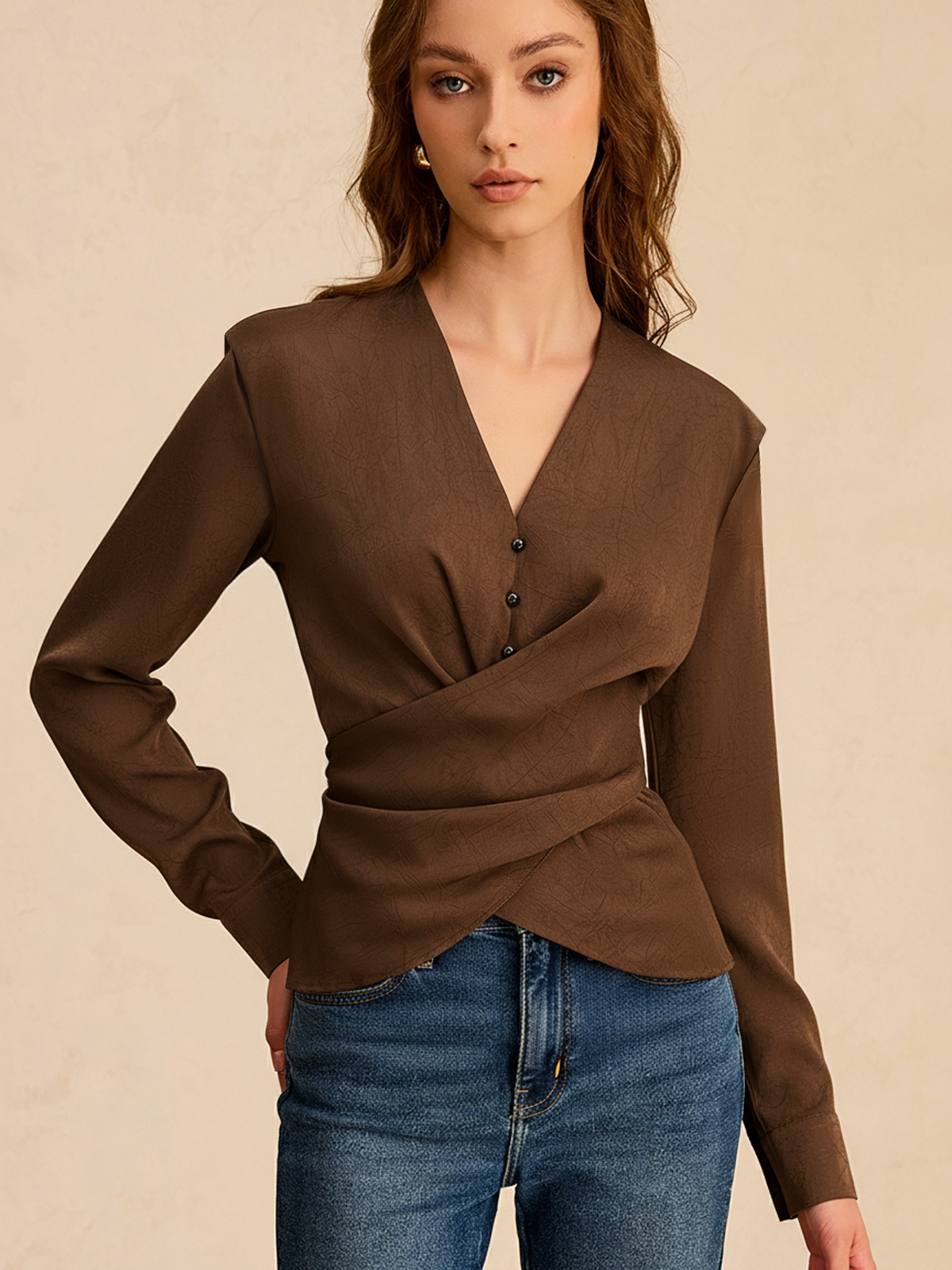 Satin V-Neck Cross-Front Blouse