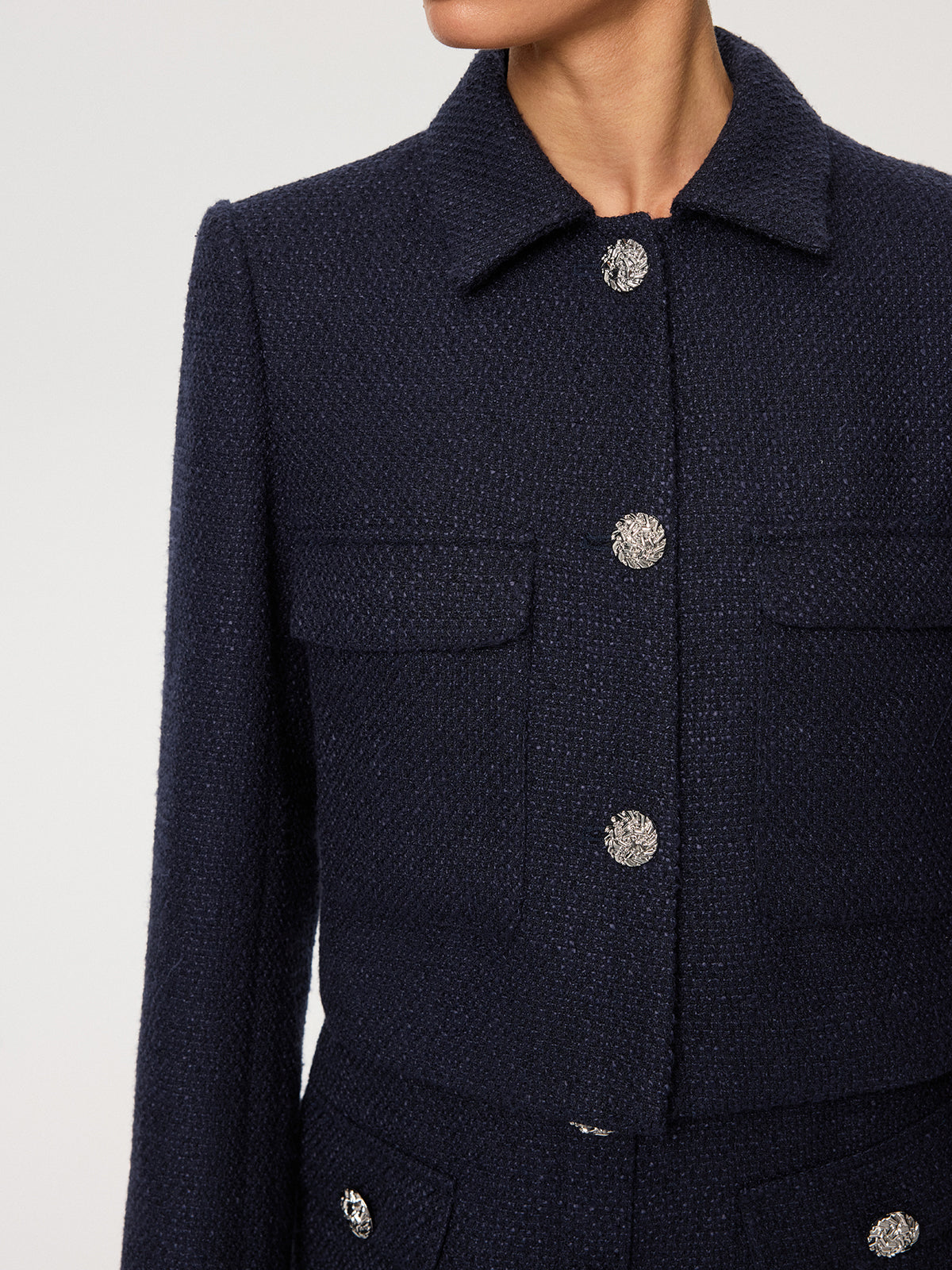 Metal Button Tweed Collared Jacket