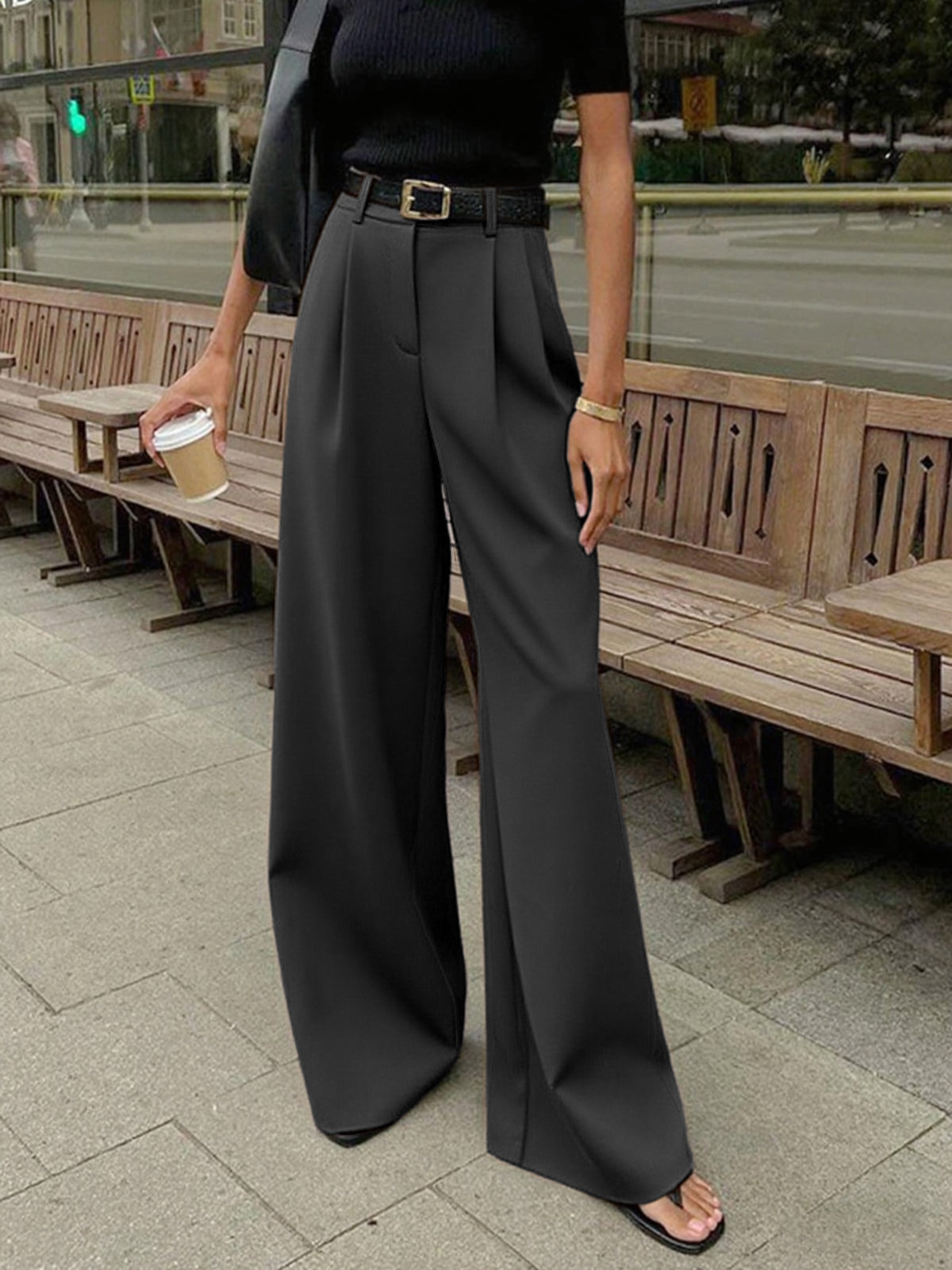Solid Wide Leg Pants Without Belt