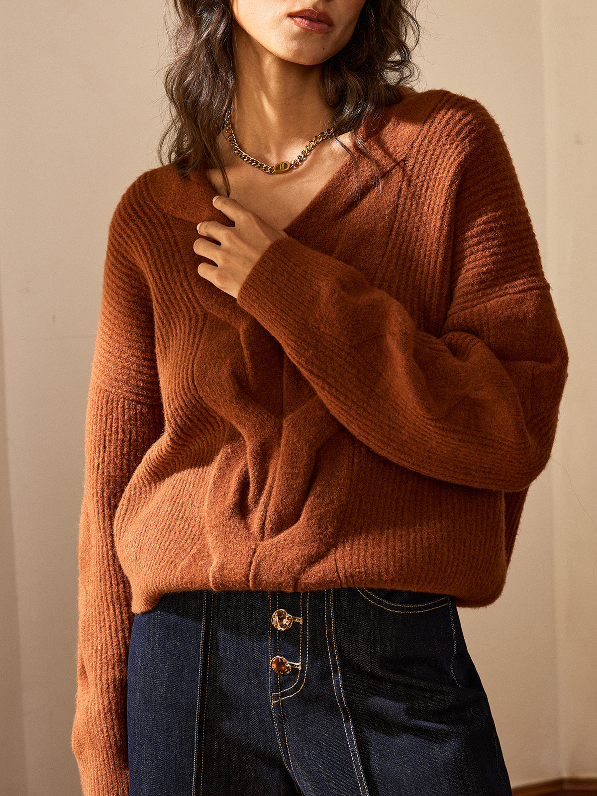 Wool Blend Textured Knit V-Neck Sweater