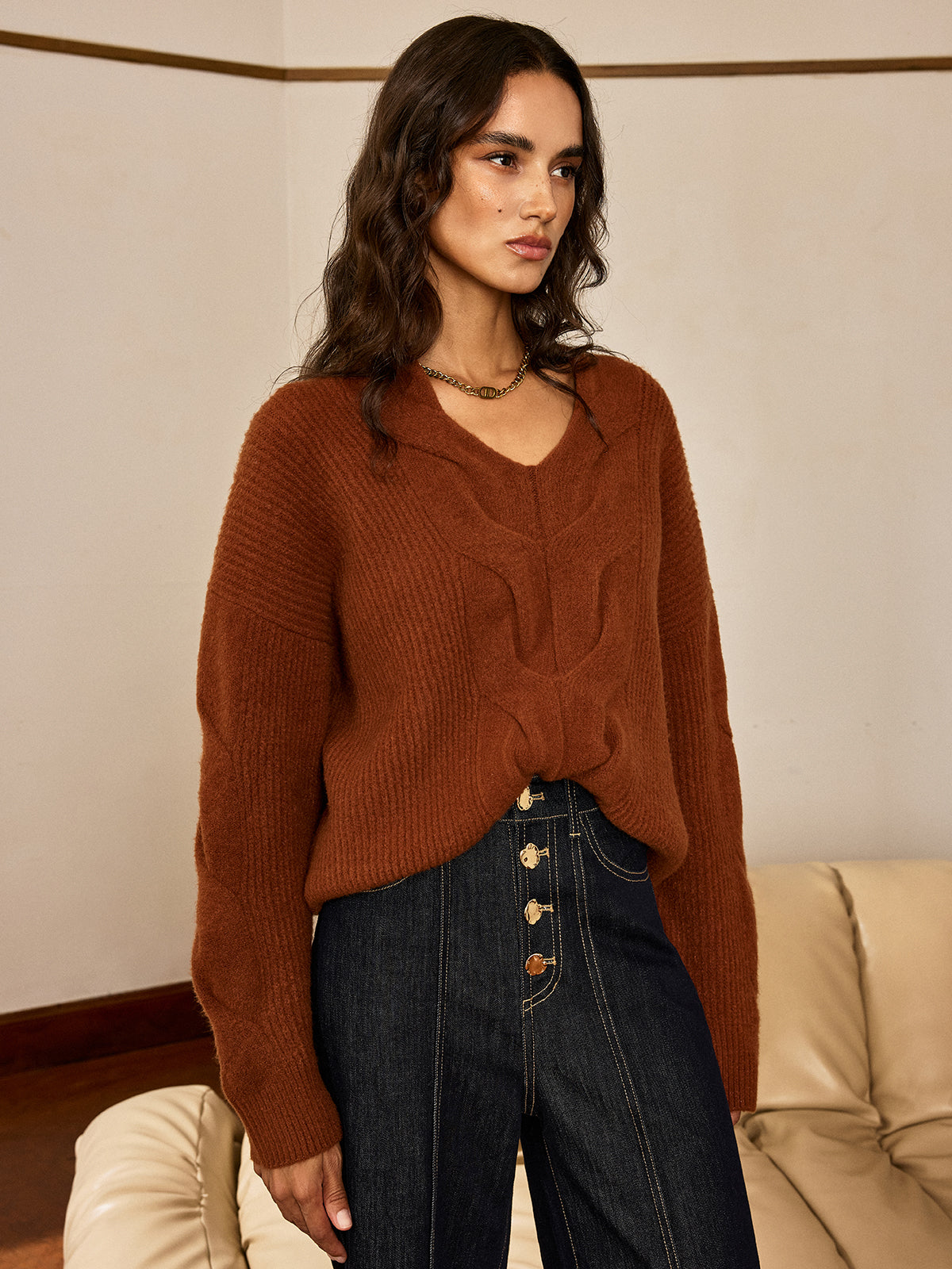 Wool Blend Textured Knit V-Neck Sweater