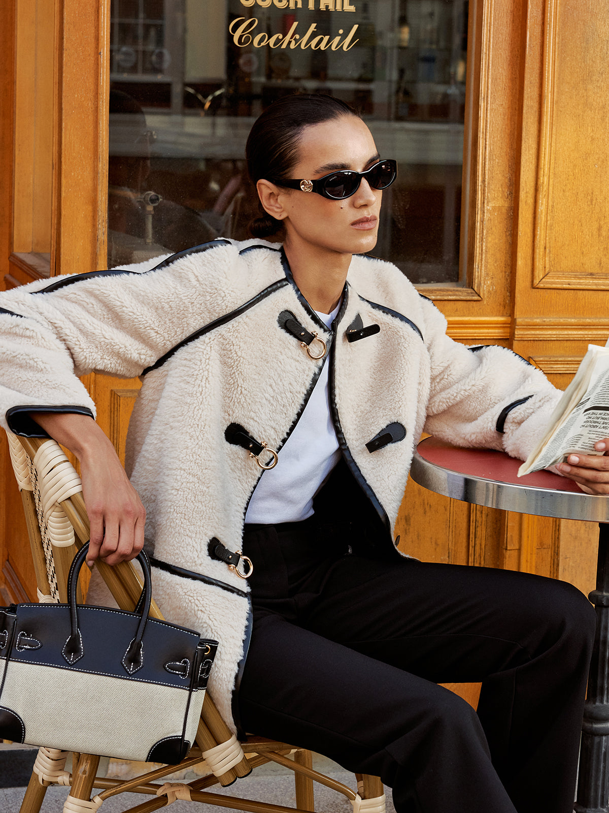 Buckle Detail Contrast Trim Faux Fur Coat