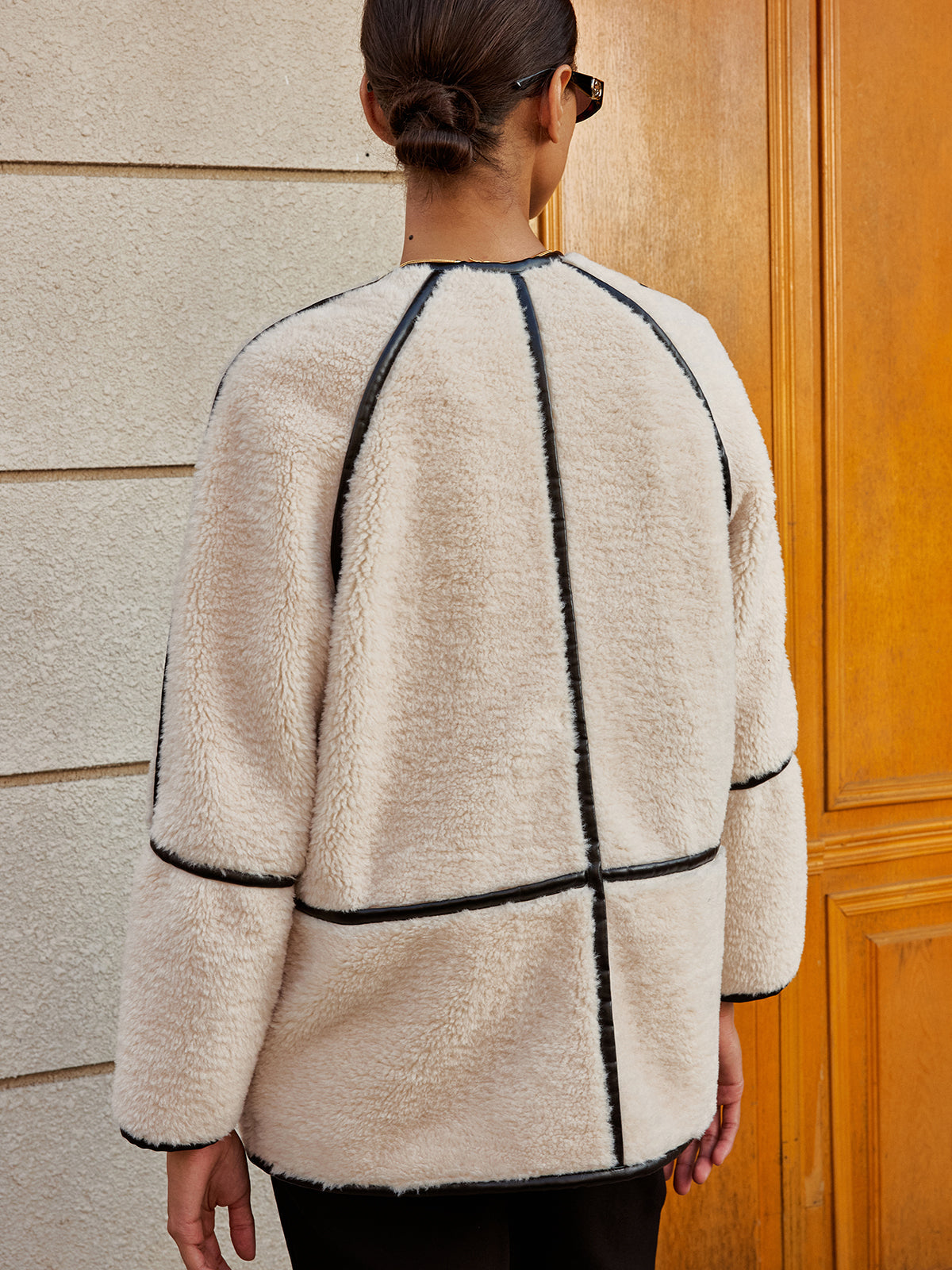 Buckle Detail Contrast Trim Faux Fur Coat