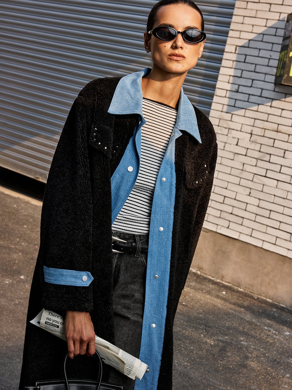 Denim Panel Long Faux Fur Coat