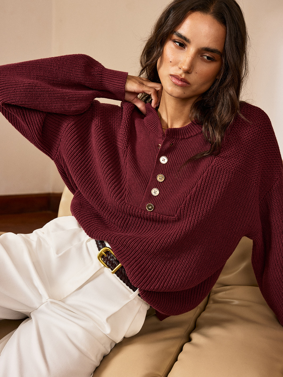 Metal Button-Front Knit Top