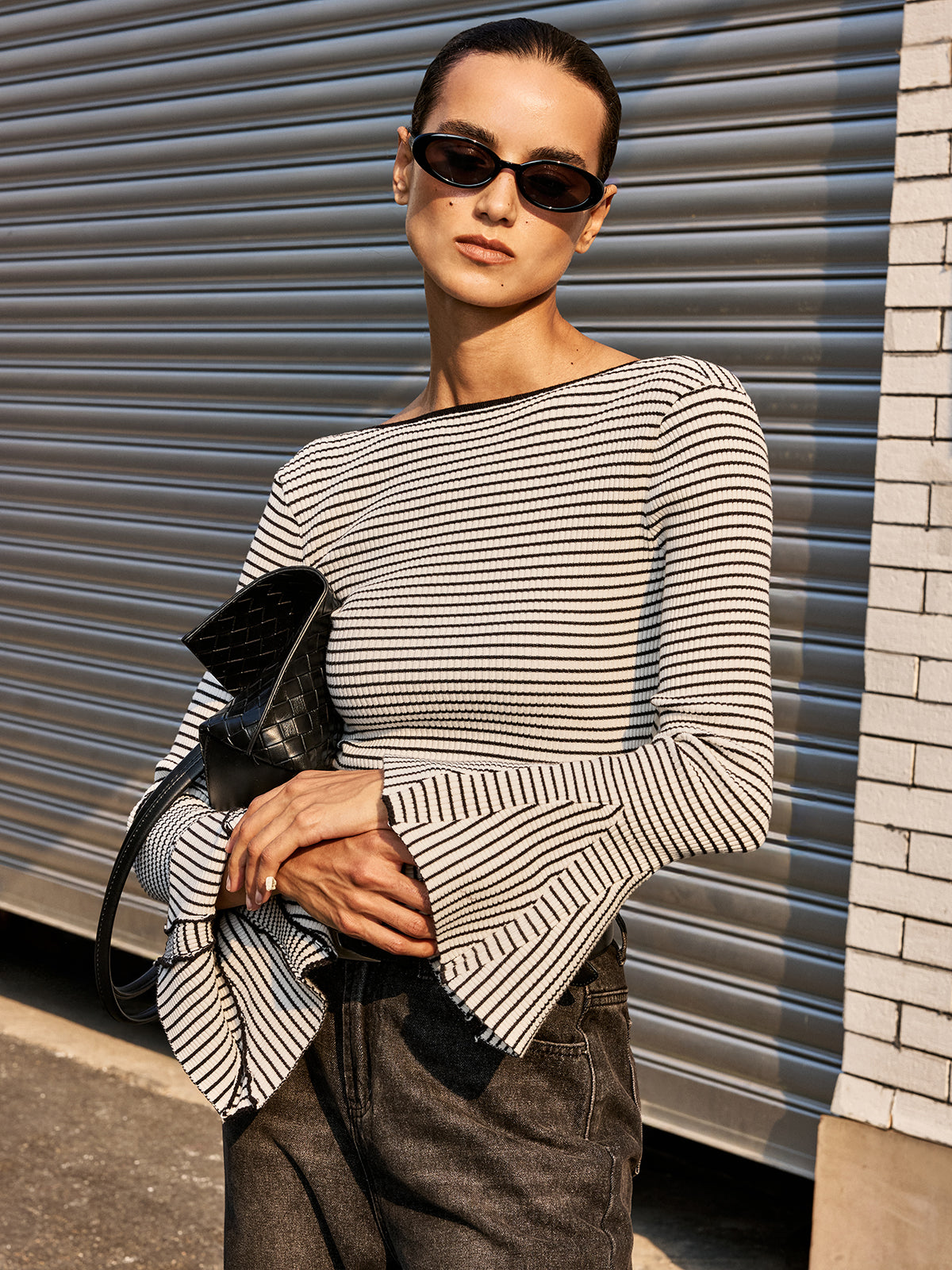 Flared Cuff Backless Striped Bodysuit