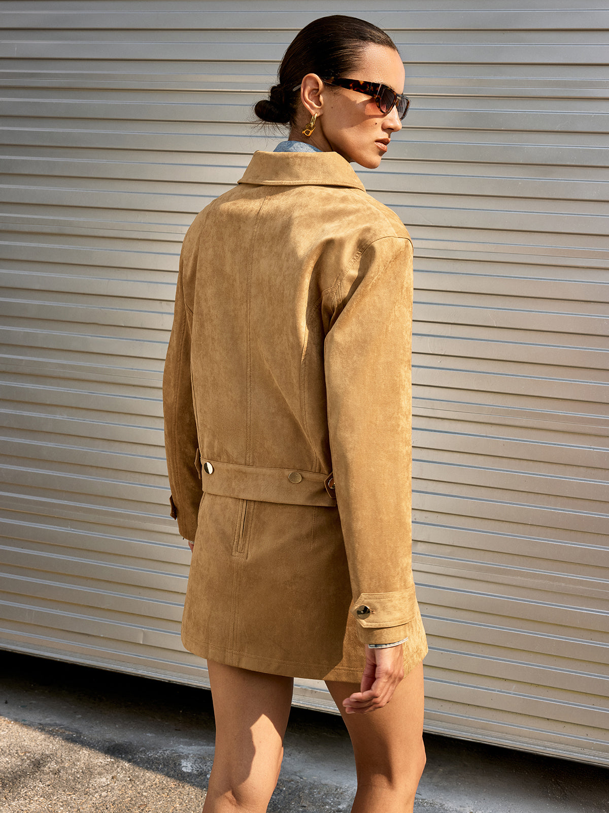 Belted Collared Suede Effect Jacket