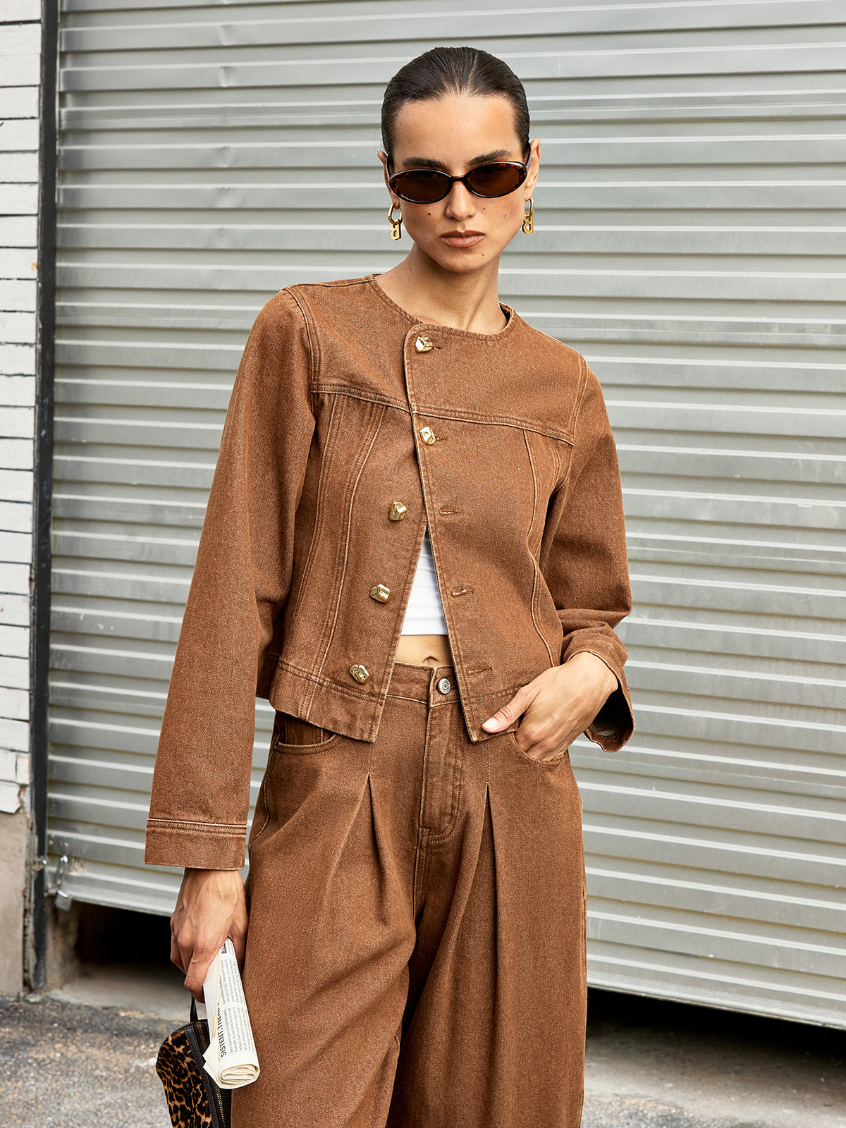 Metal Button Asymmetric Denim Jacket