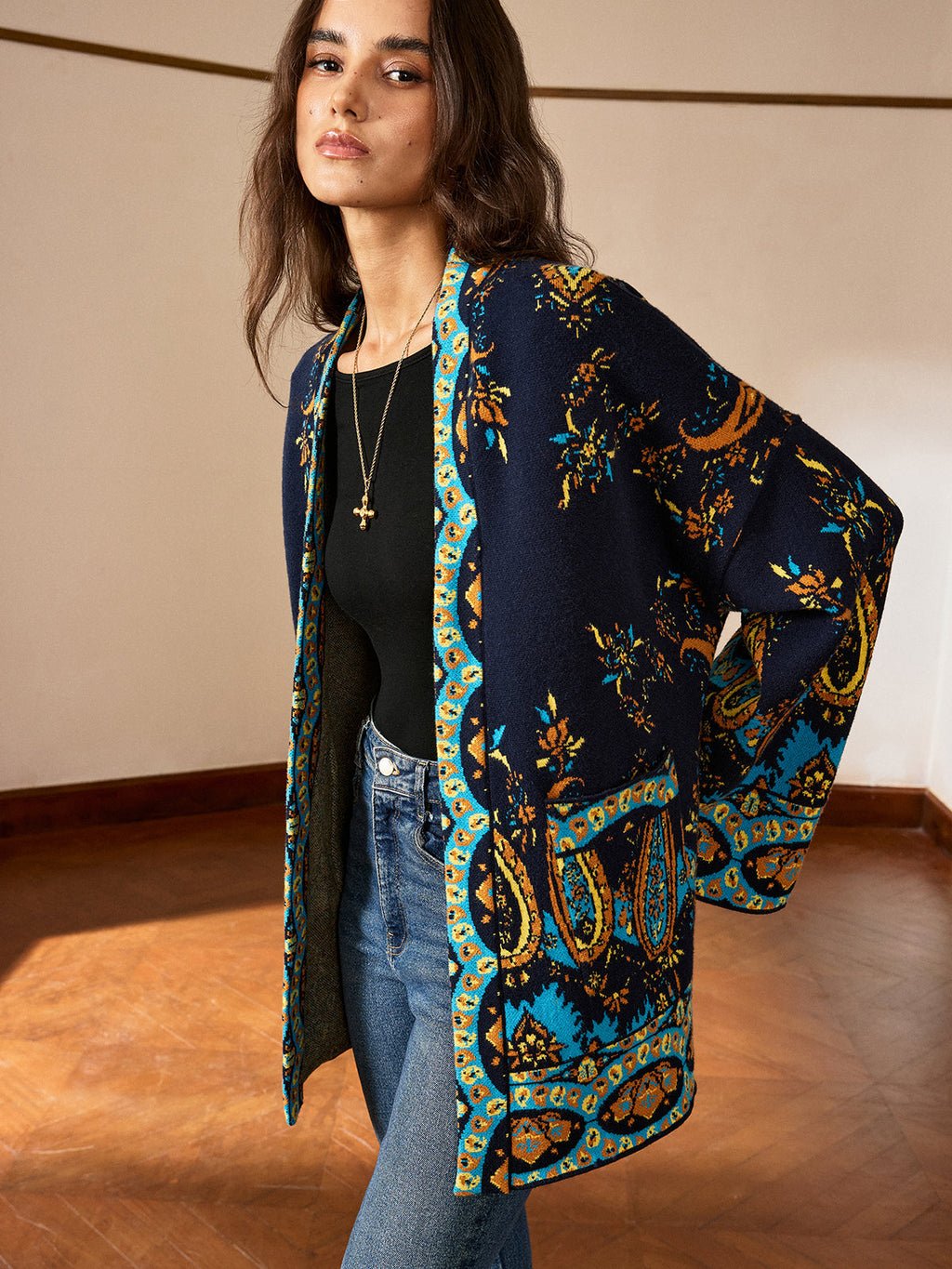 Cardigan ceinturé à imprimé cachemire