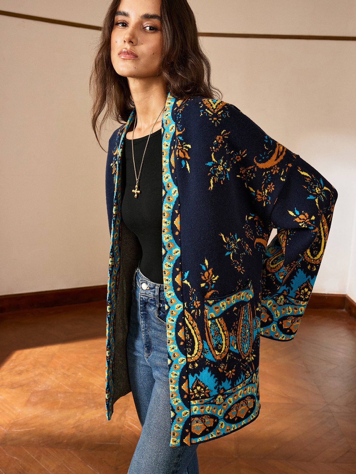 Paisley Print Belted Cardigan