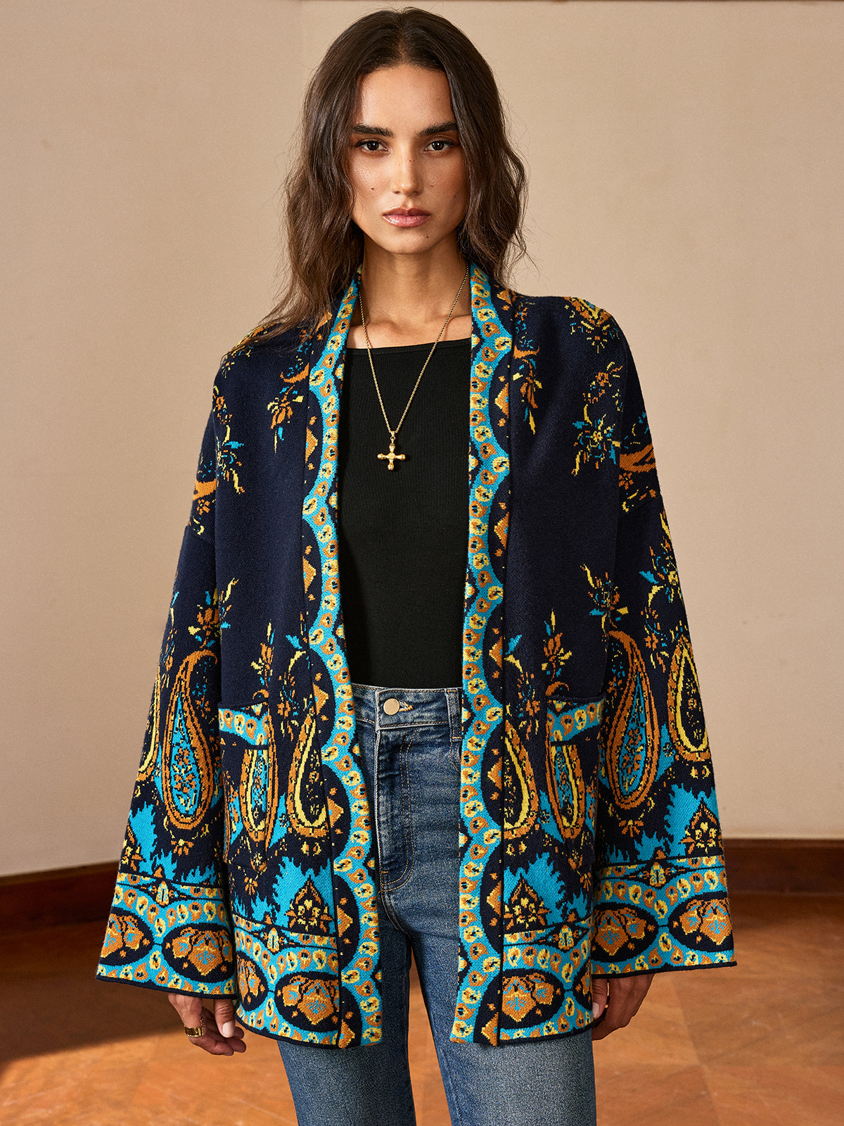 Paisley-Cardigan mit Gürtel