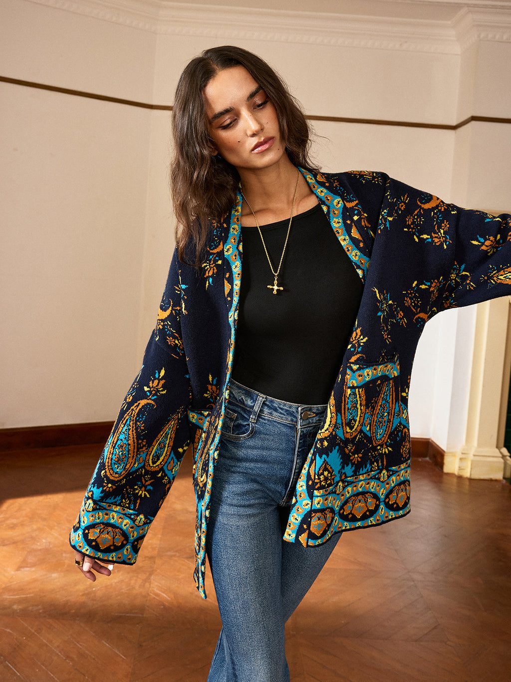 Cardigan ceinturé à imprimé cachemire