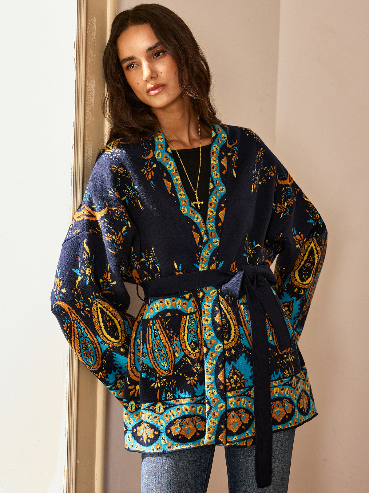 Paisley Print Belted Cardigan