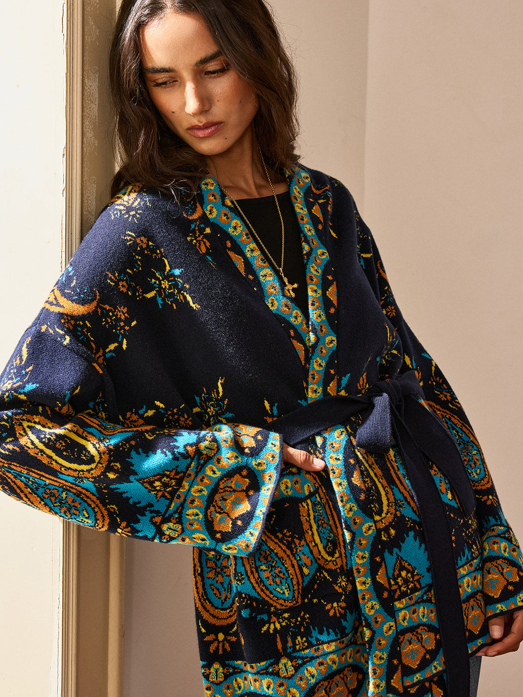Cardigan ceinturé à imprimé cachemire