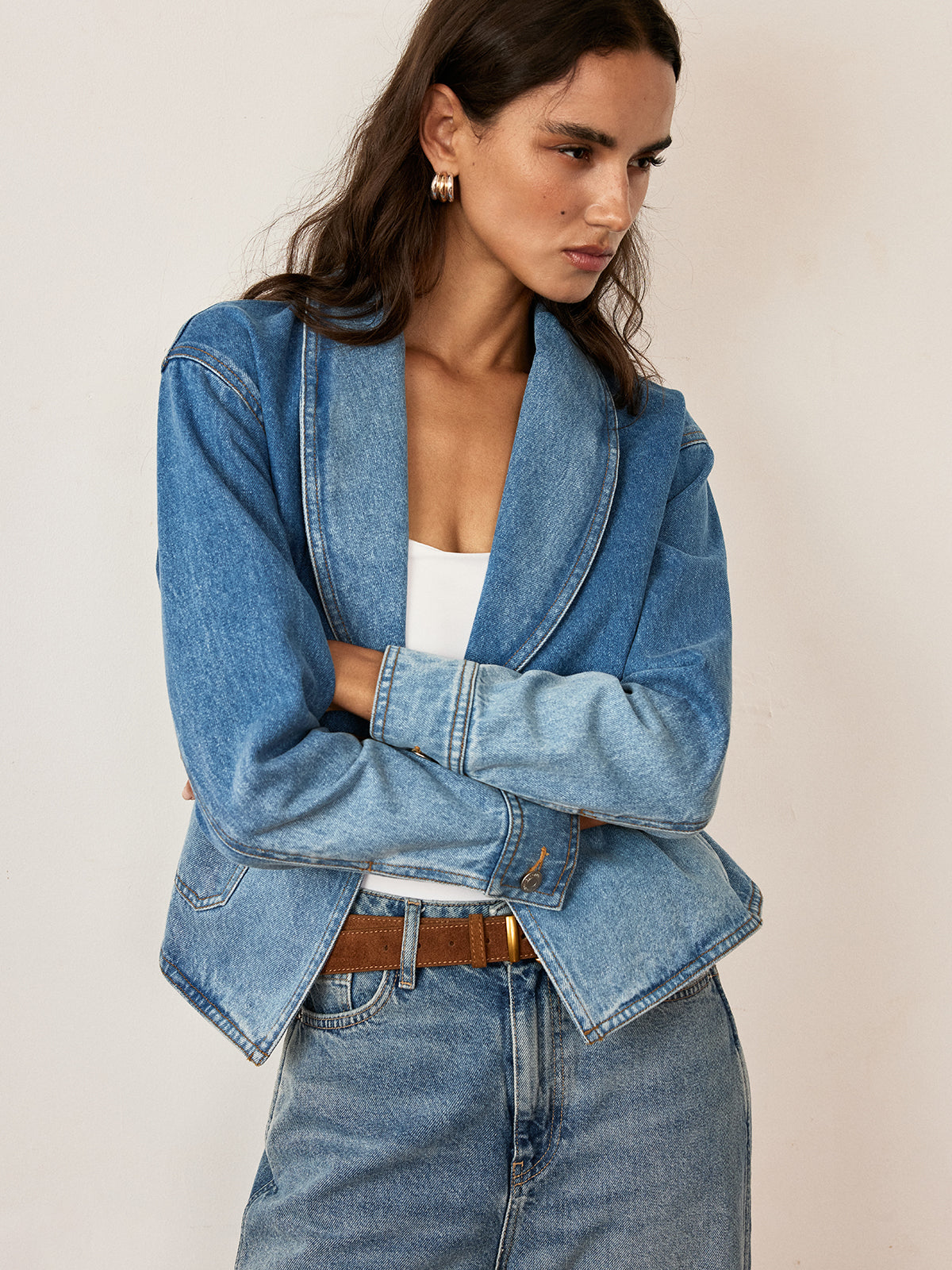 Shawl Collar Washed Denim Jacket