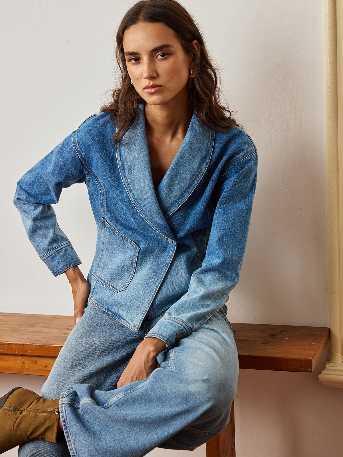 Shawl Collar Washed Denim Jacket