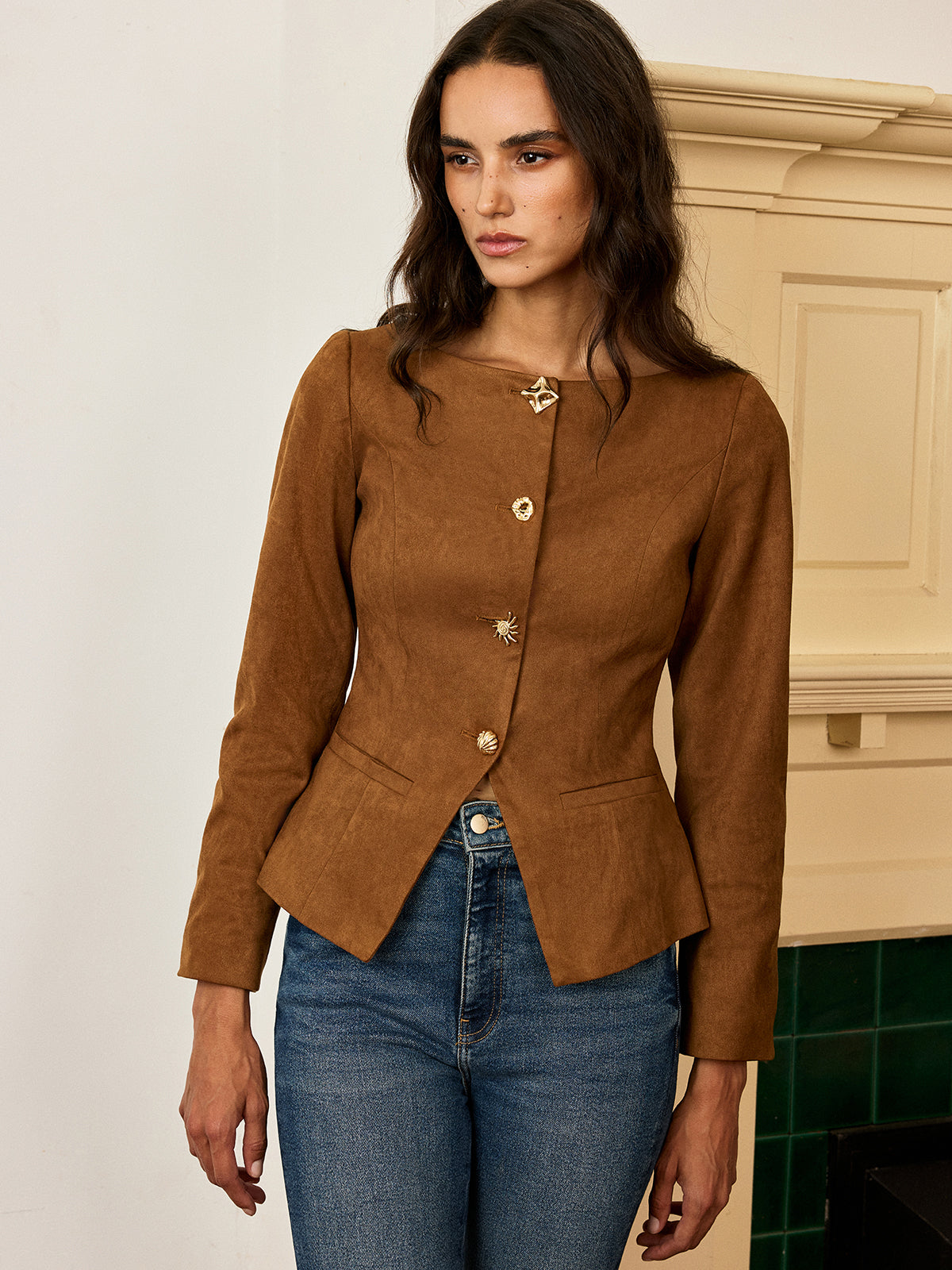 Suede Effect Fitted Metal Button Jacket