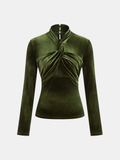 Samtige Bluse mit Twist-Front, Cut-Out und langen Ärmeln
