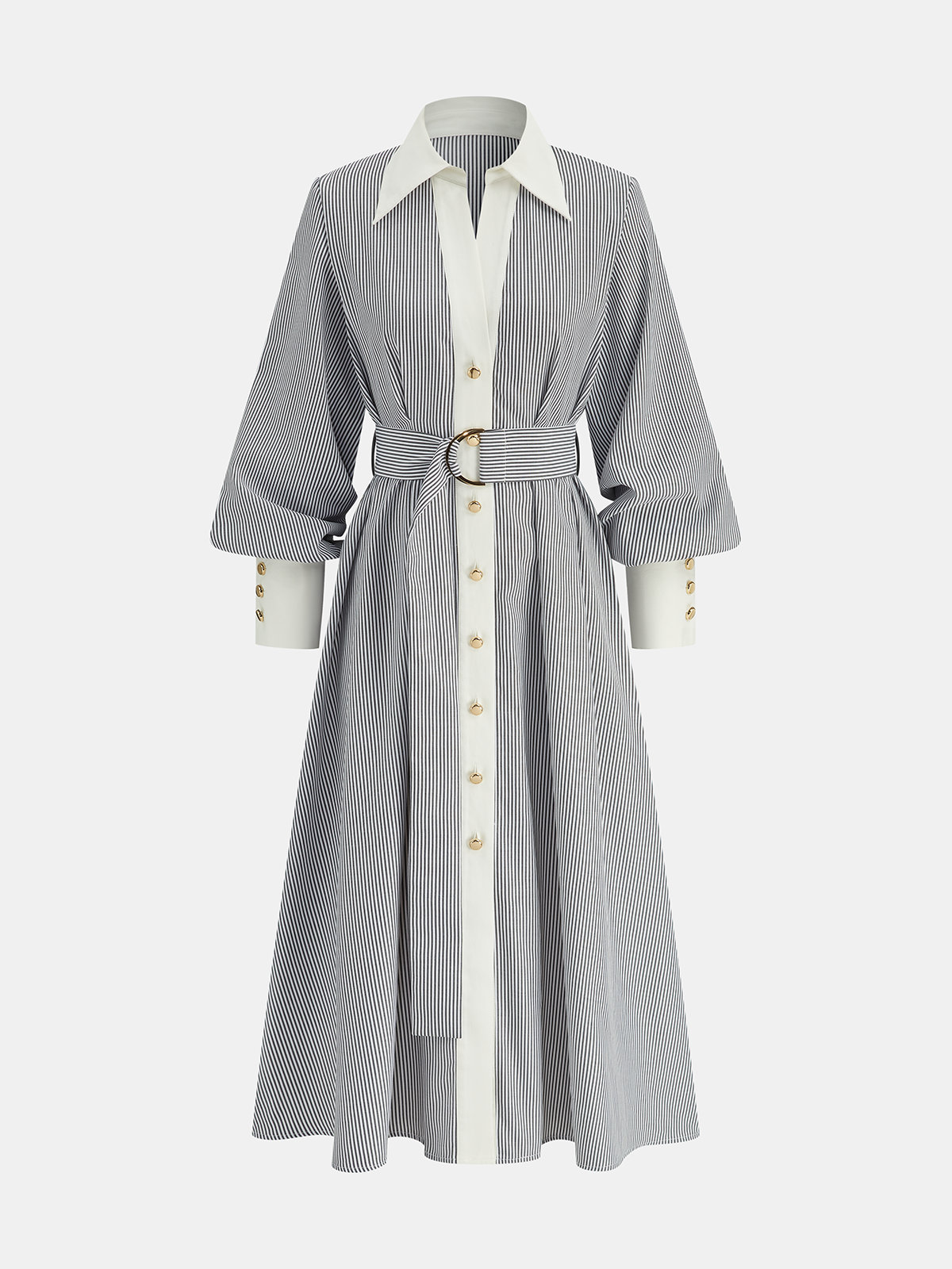 Gestreiftes Hemdblusenkleid mit Kontraststreifen und Gürtel
