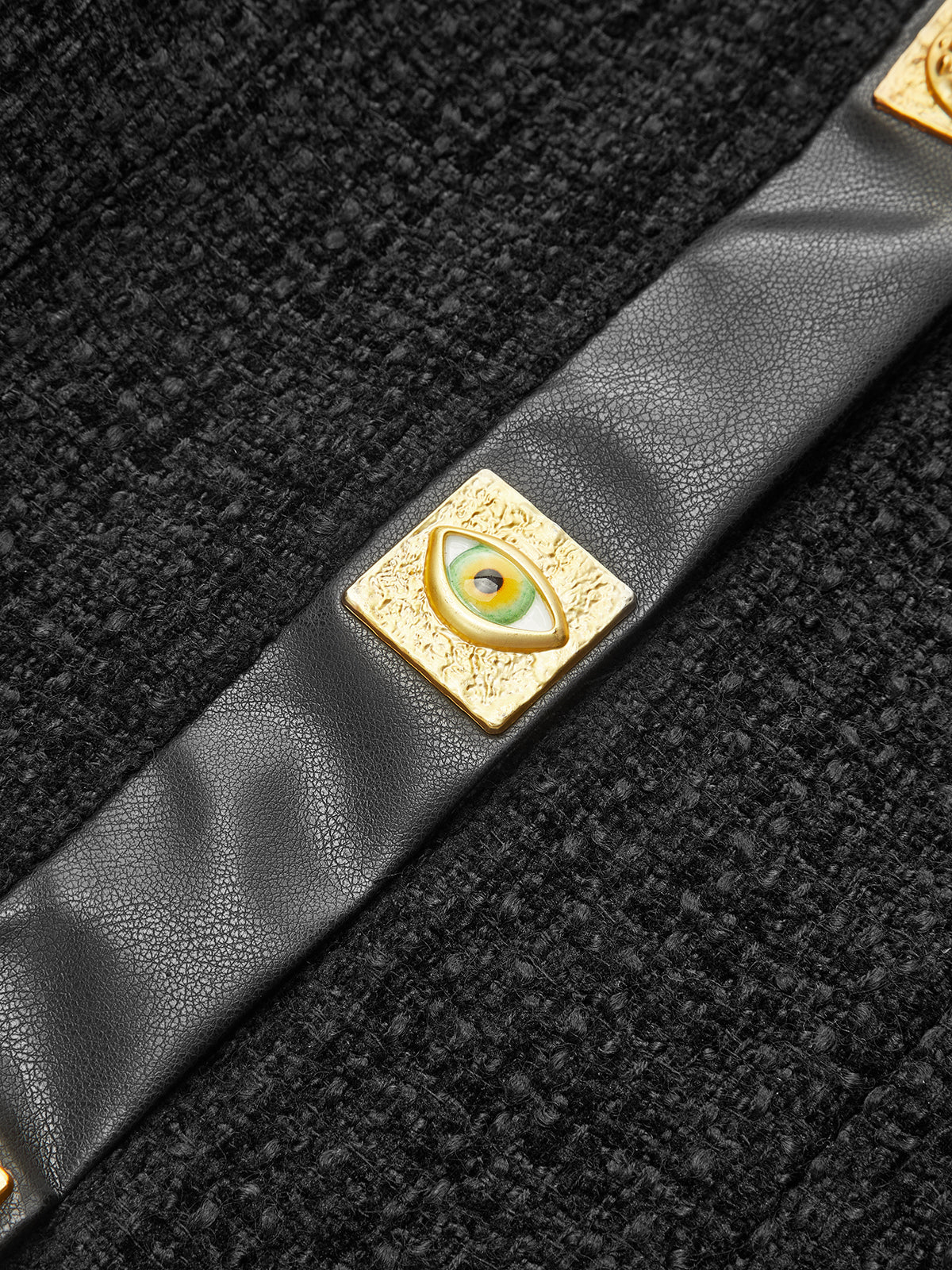 Faux Leather Trim Metal Button Tweed Blazer