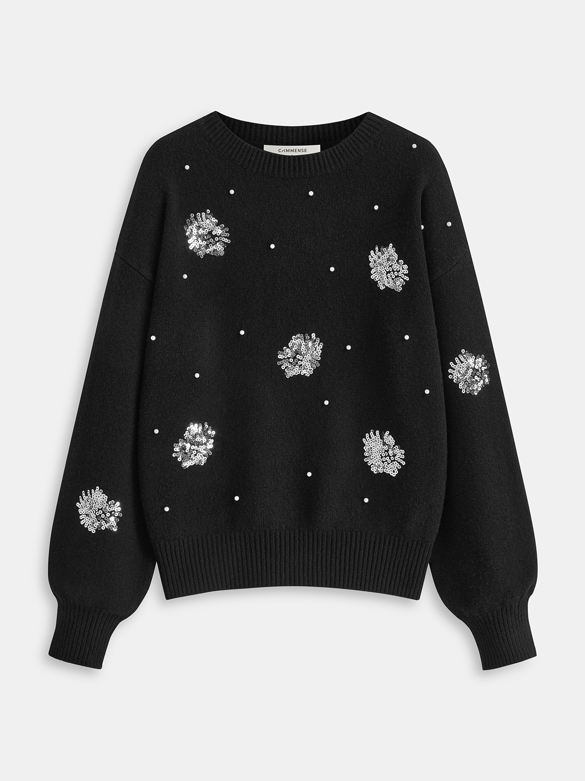 Pullover mit Pailletten-Blumen & Perlenakzenten