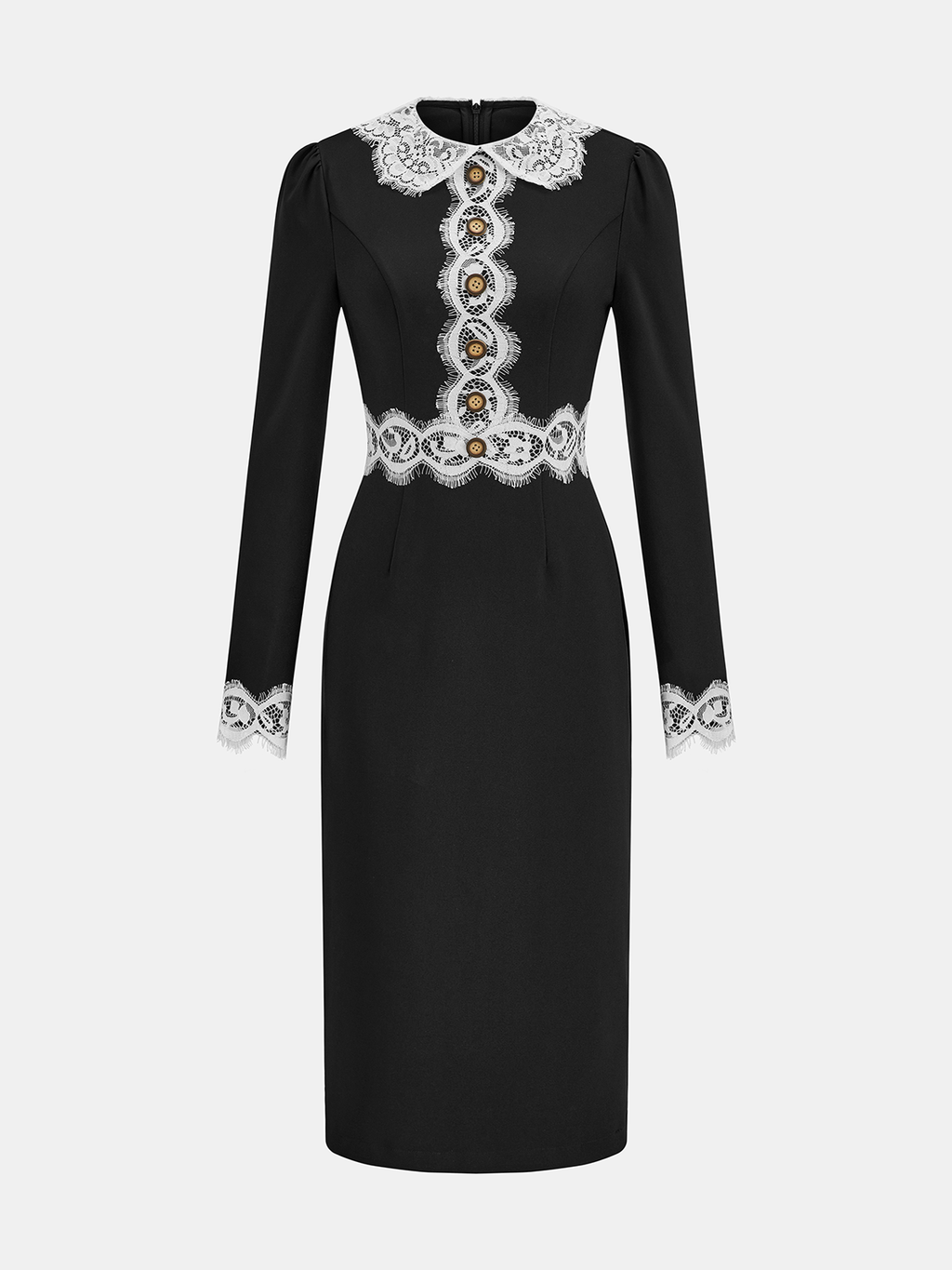 Lace Paneled Collared Long Sleeve Midi Dress
