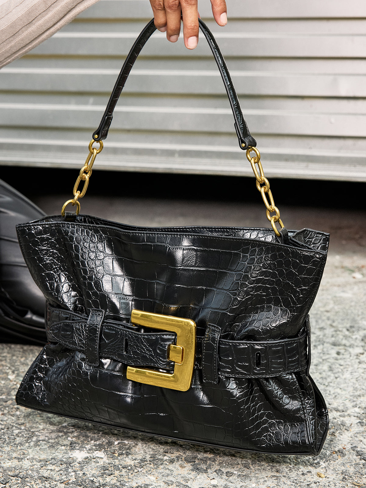 Belted Crocodile Patterned Tote Bag