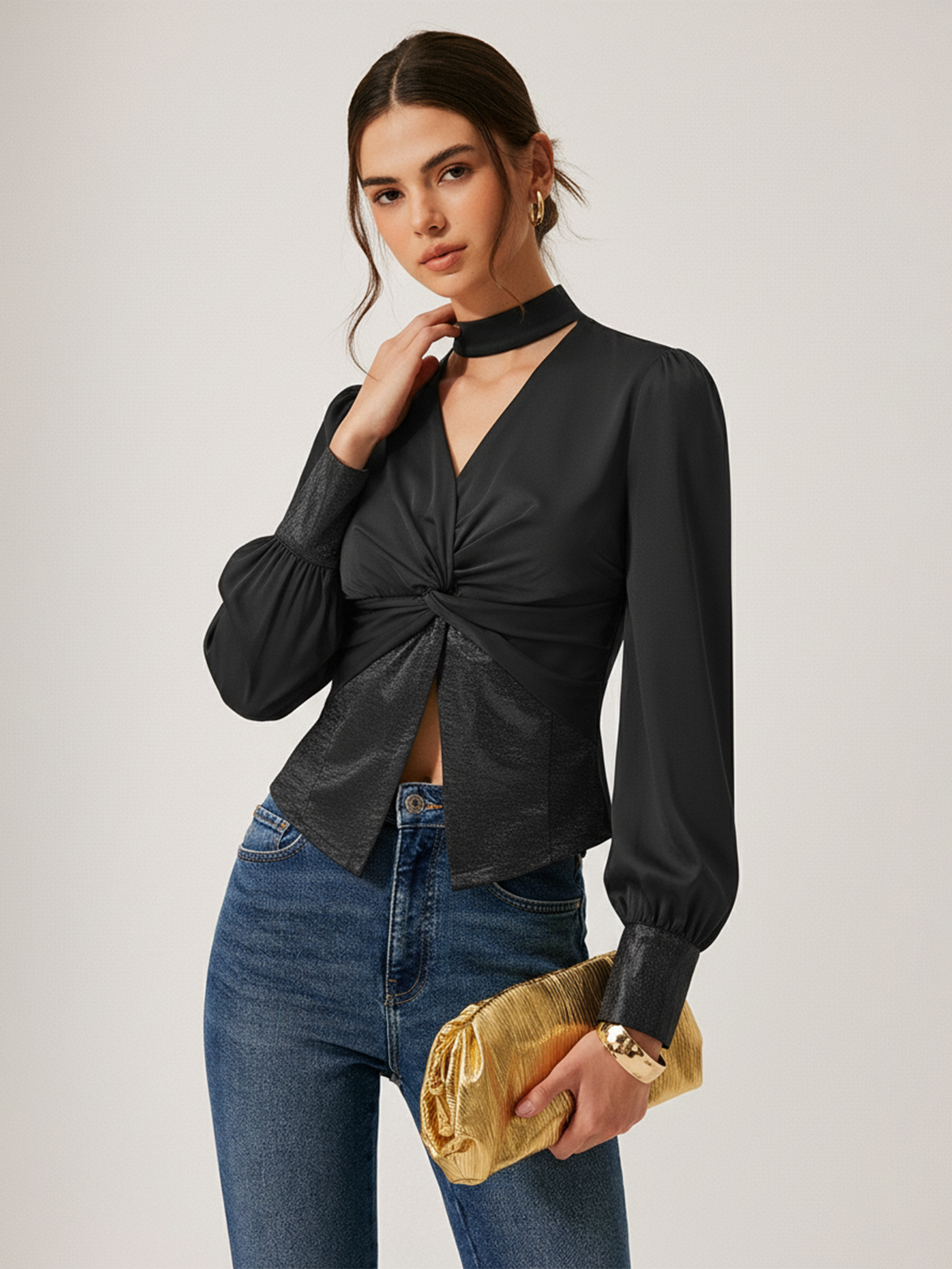 Satin Twisted Front Cropped Blouse