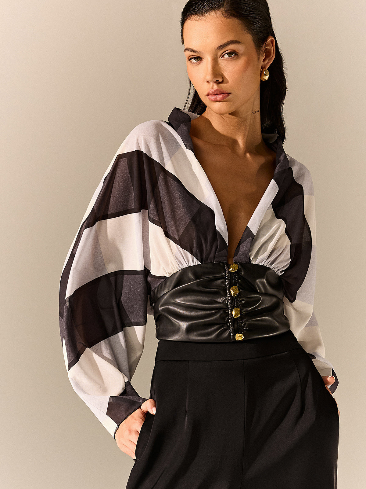 Semi-Sheer Striped Panel Faux Leather Top
