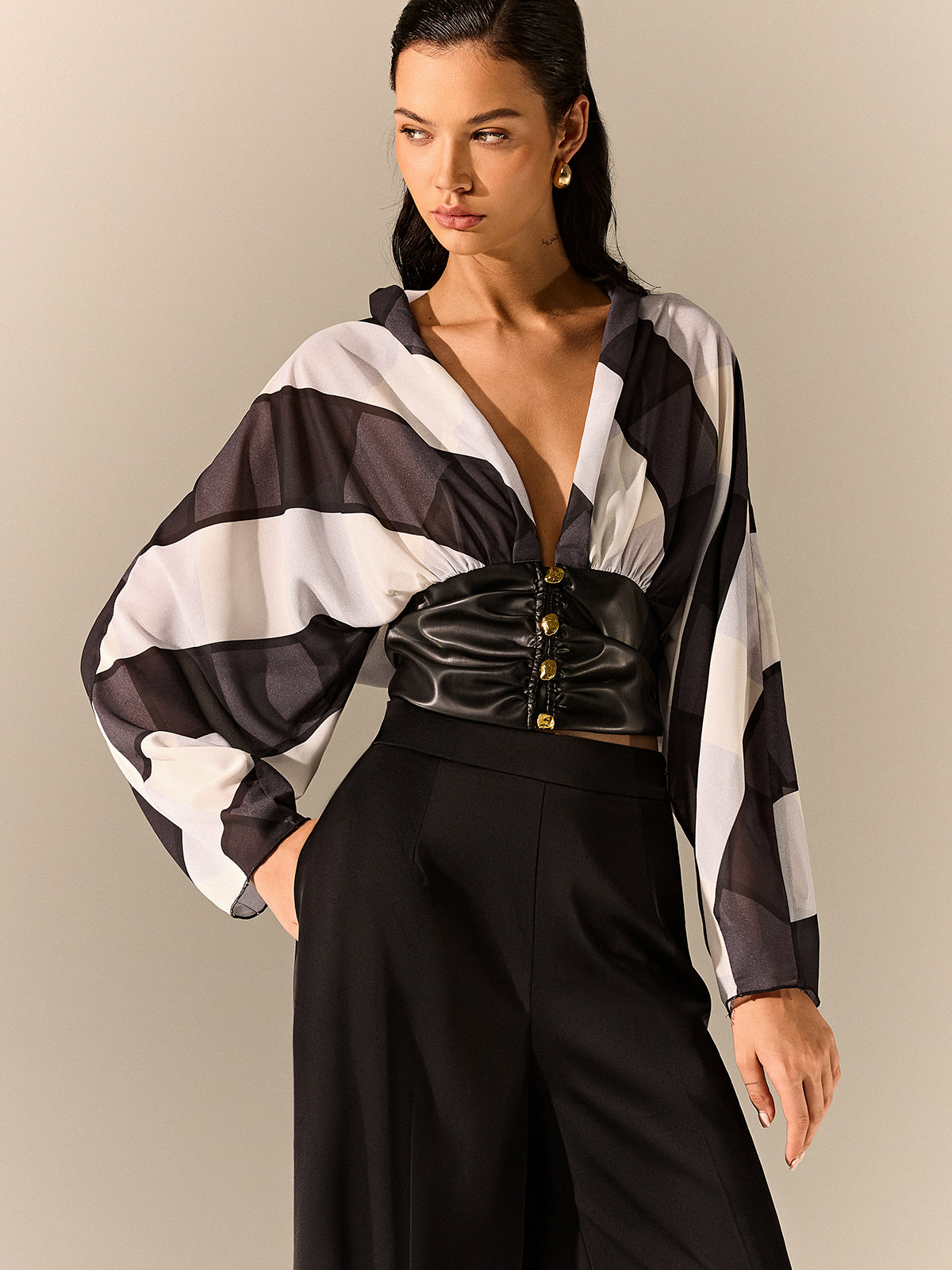 Semi-Sheer Striped Panel Faux Leather Top