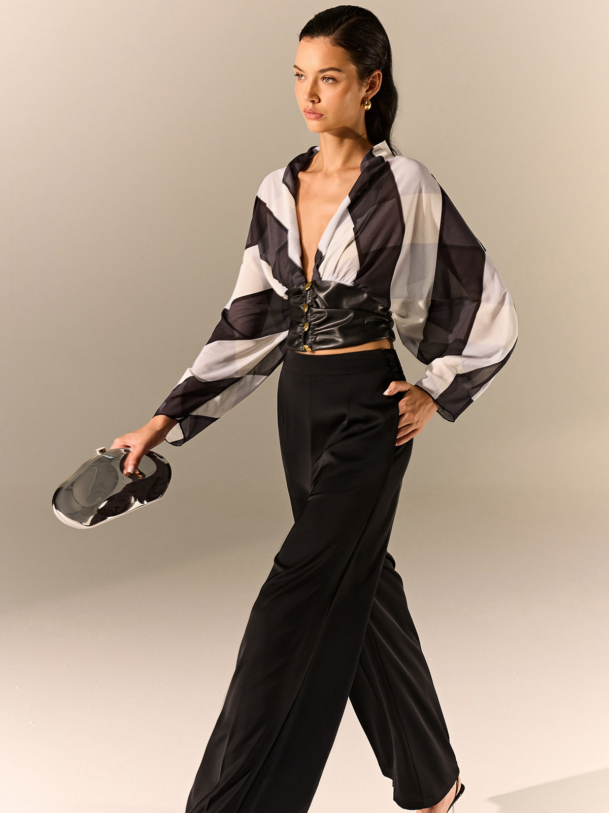 Semi-Sheer Striped Panel Faux Leather Top