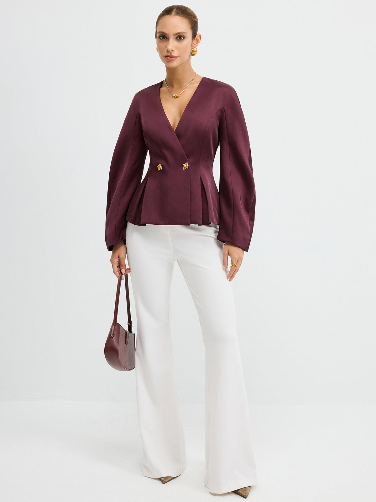 Metal Button Puff Sleeve Peplum Blazer