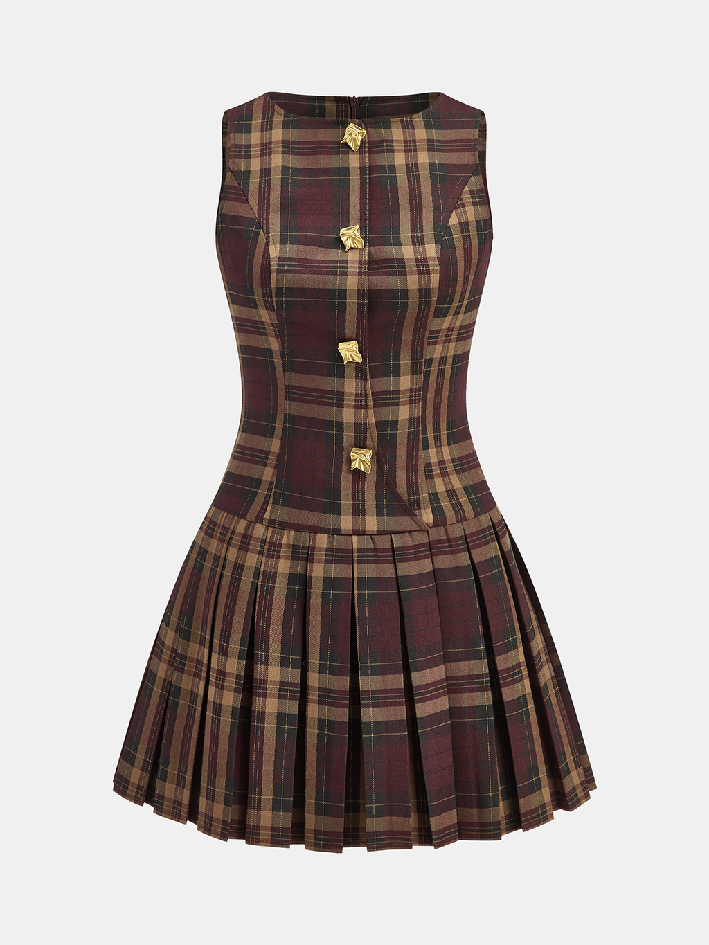 Mini-robe plissée sans manches à carreaux et détails métalliques