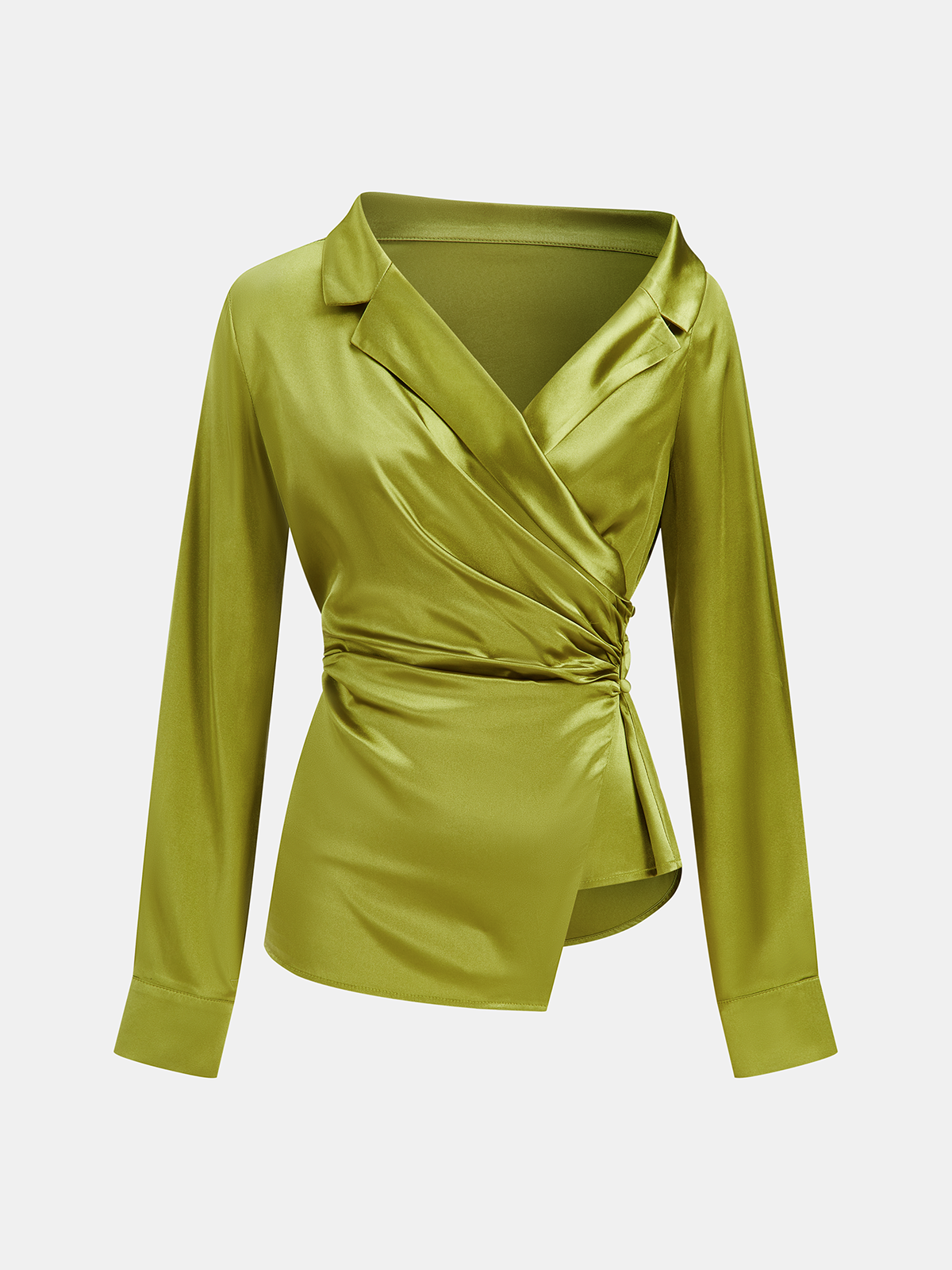 Satin-Wickelbluse mit asymmetrischem Kragen und seitlichen Knöpfen