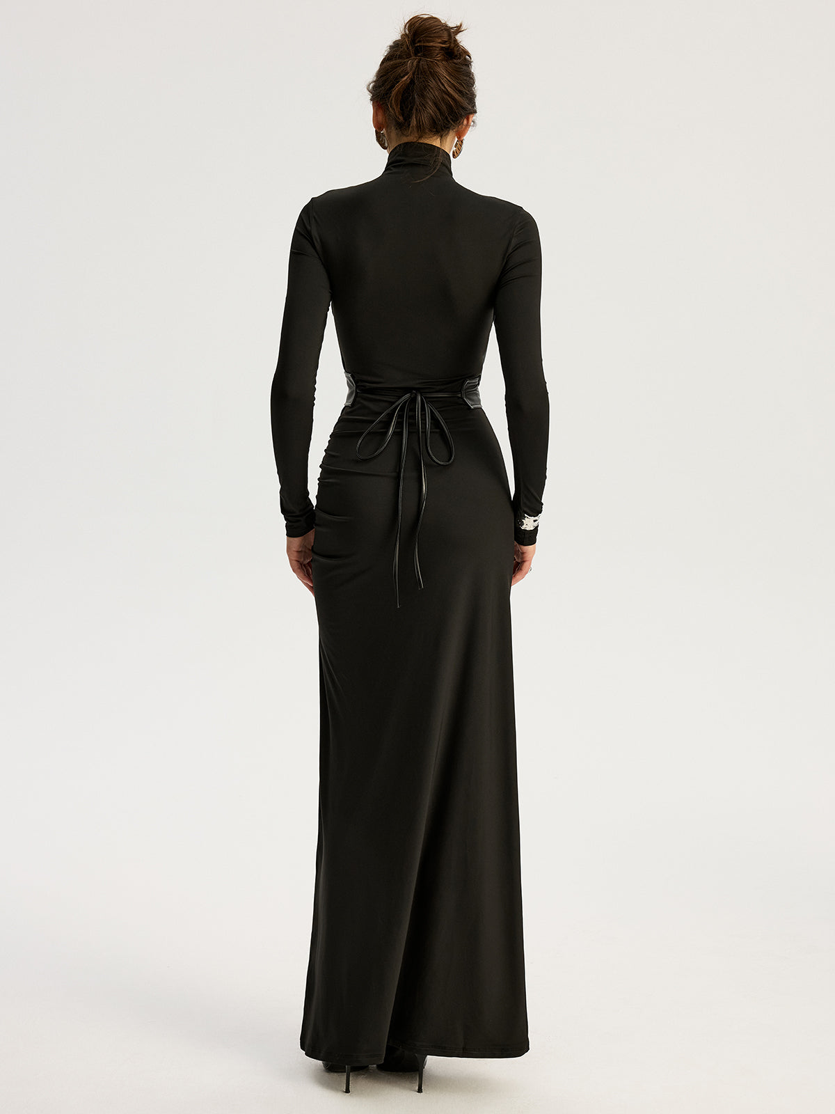 Belted High-Slit Turtleneck Maxi Dress