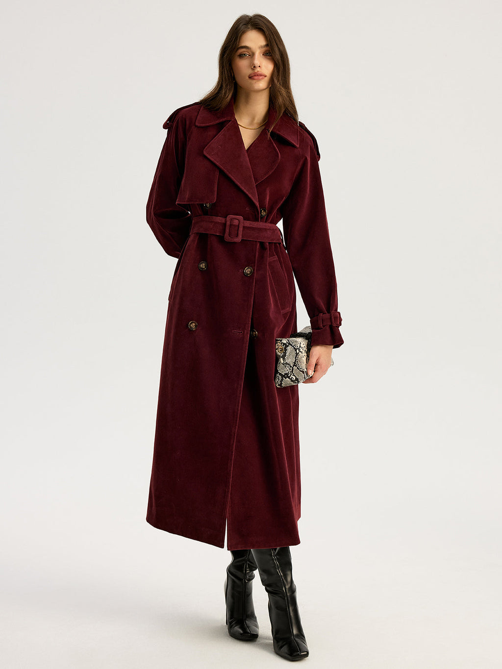 Trench-coat long croisé effet daim avec ceinture