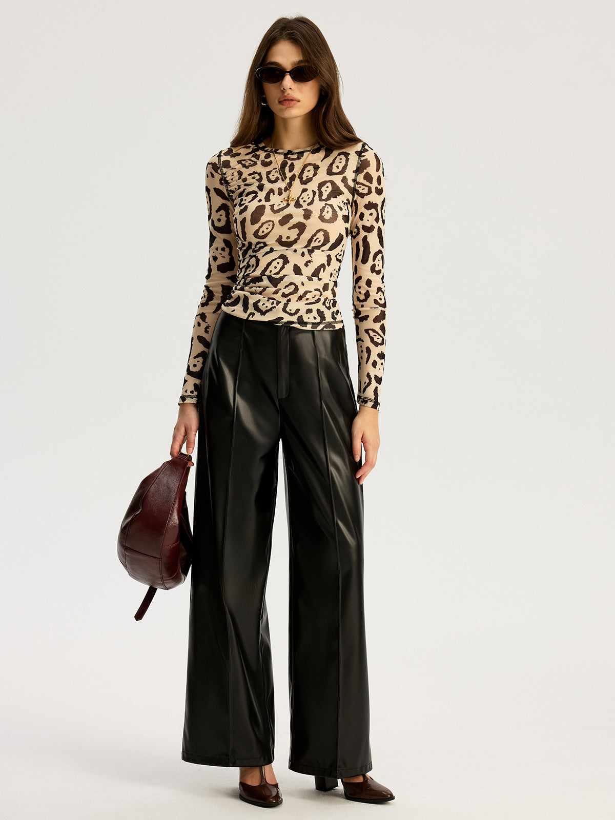 Leopard Print Mesh Long Sleeve Top