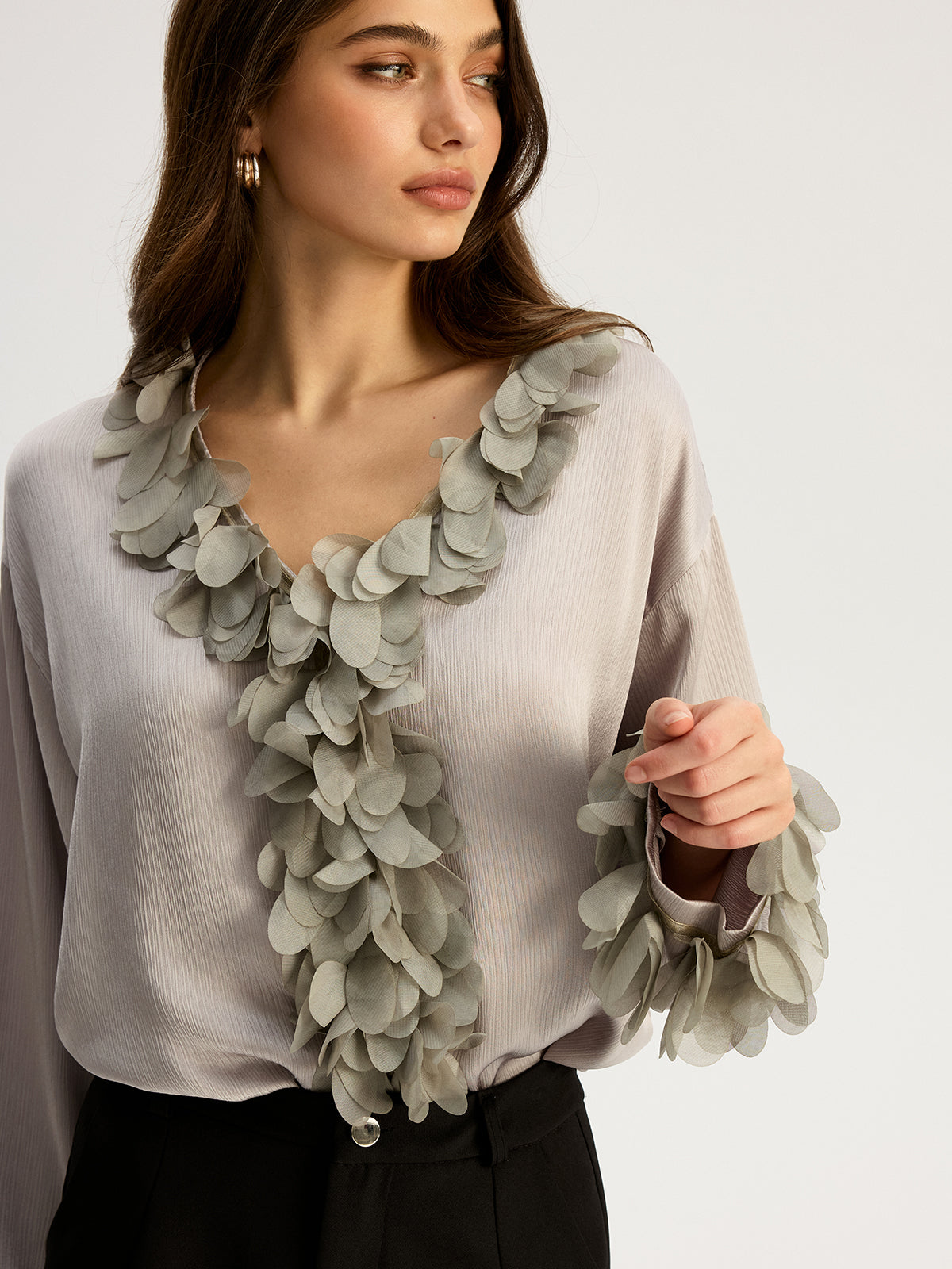 Floral Petal Trim V-Neck Shirt
