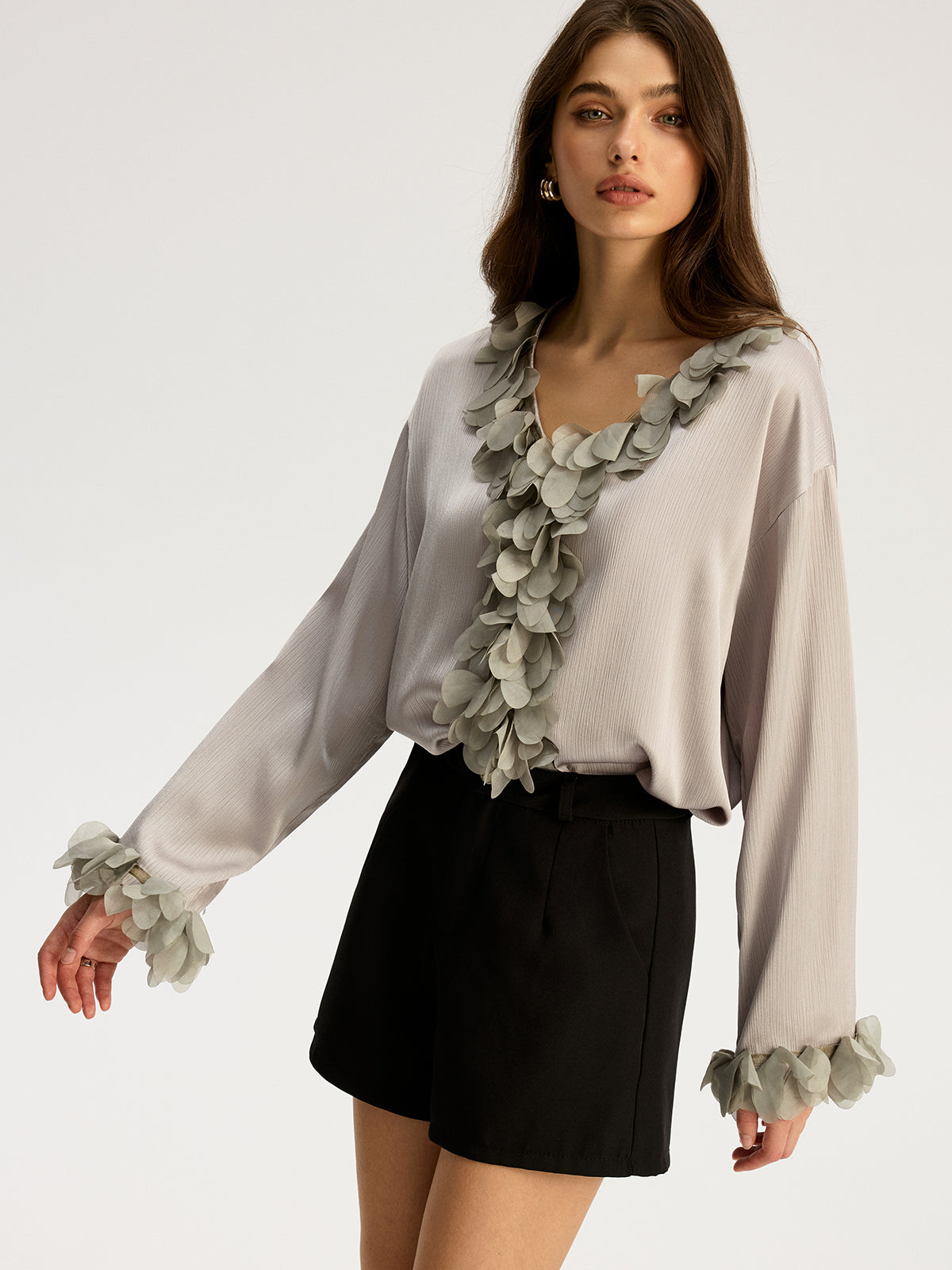 Floral Petal Trim V-Neck Shirt