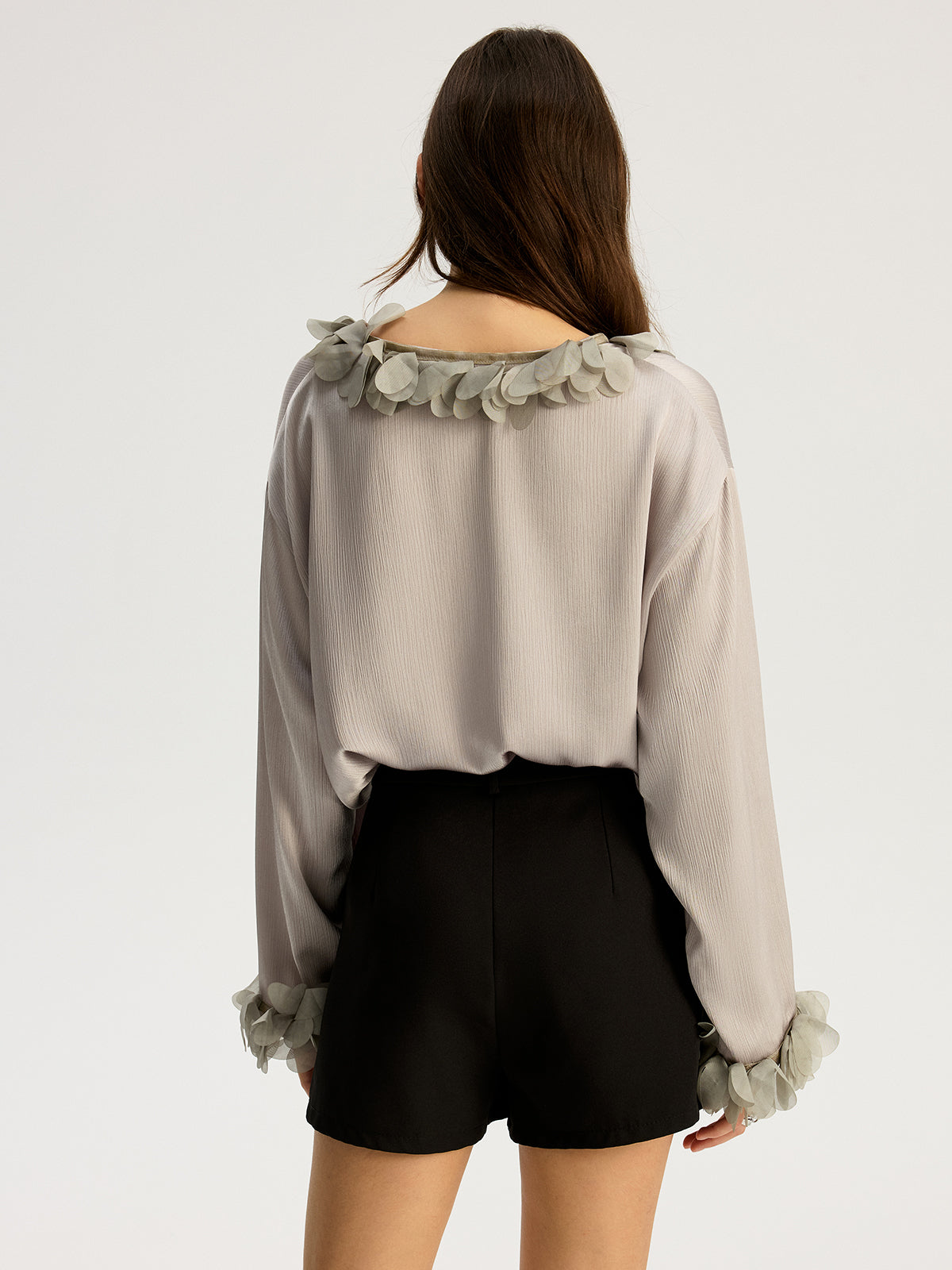 Floral Petal Trim V-Neck Shirt