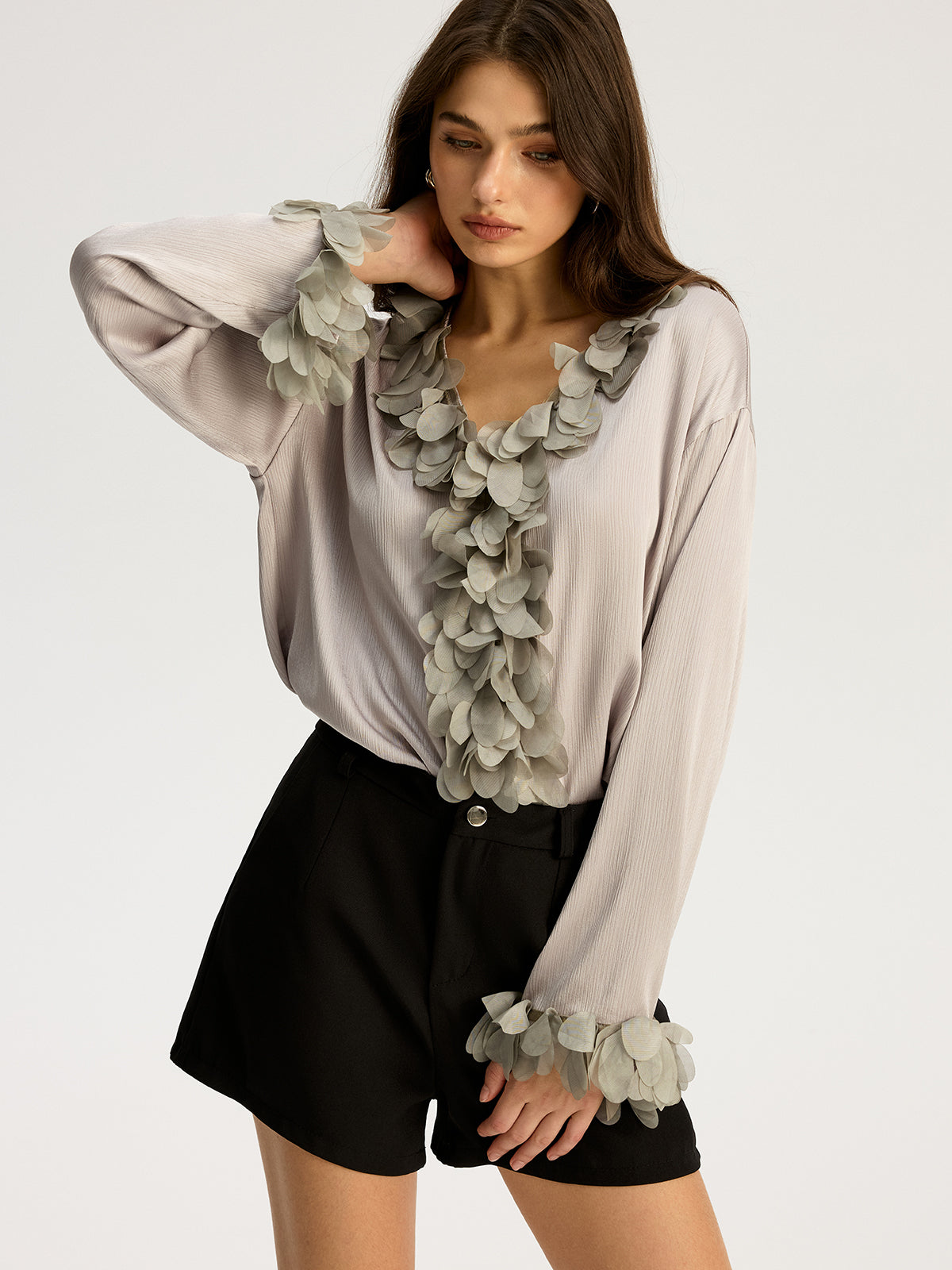 Floral Petal Trim V-Neck Shirt
