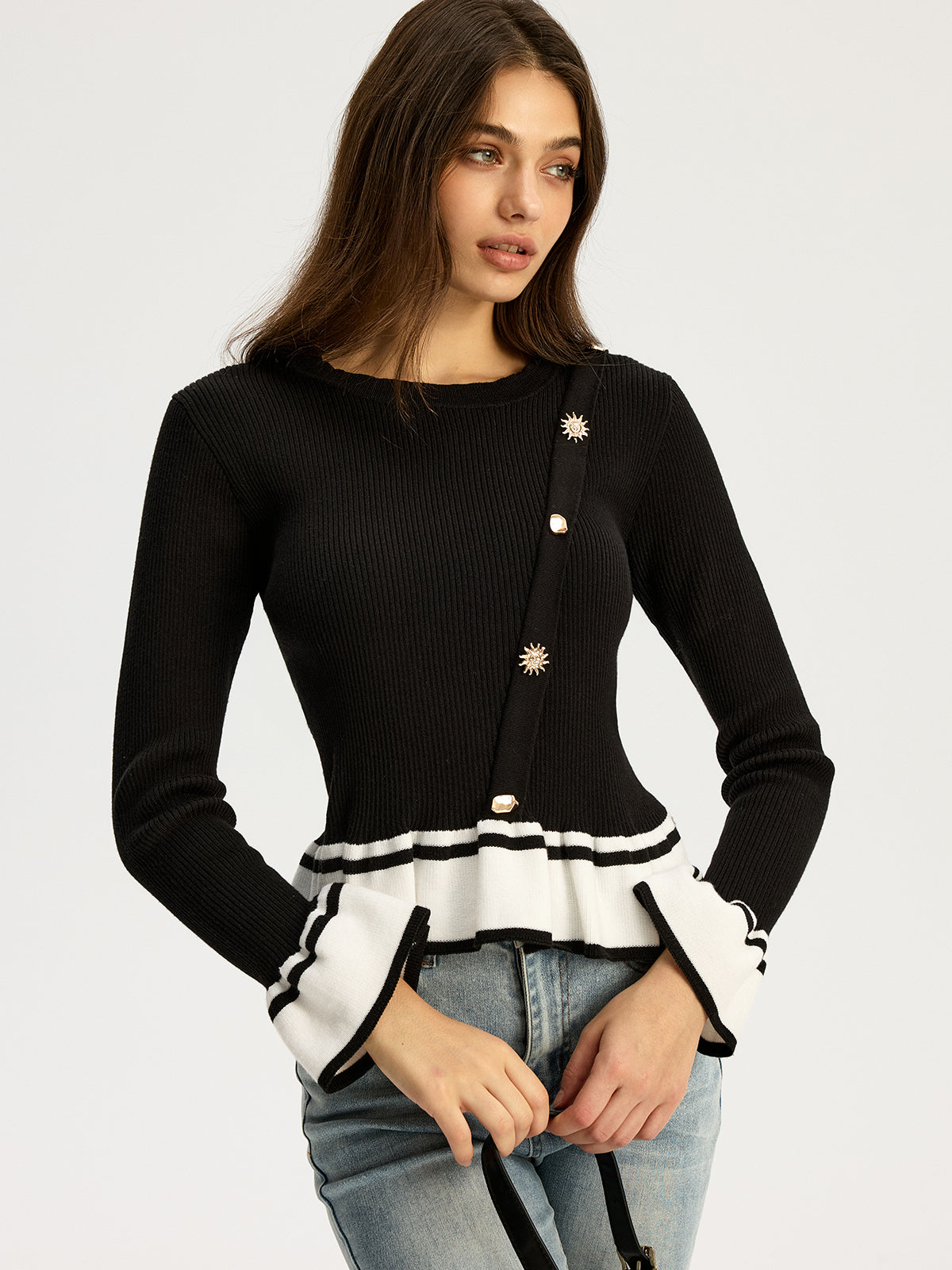 Pull à ourlet volanté contrastant 