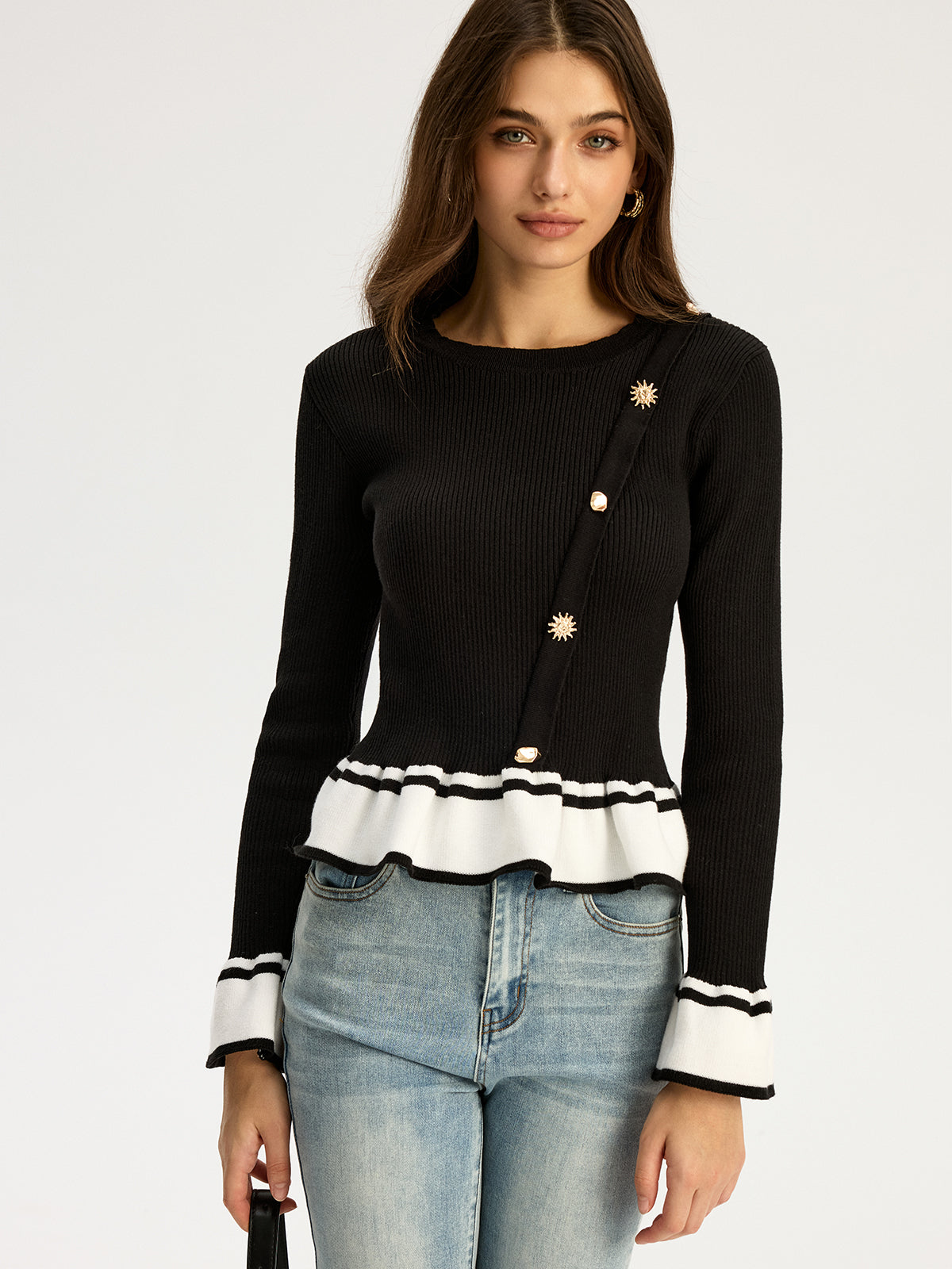 Pullover mit gerüschtem Saum und Kontrastdetails