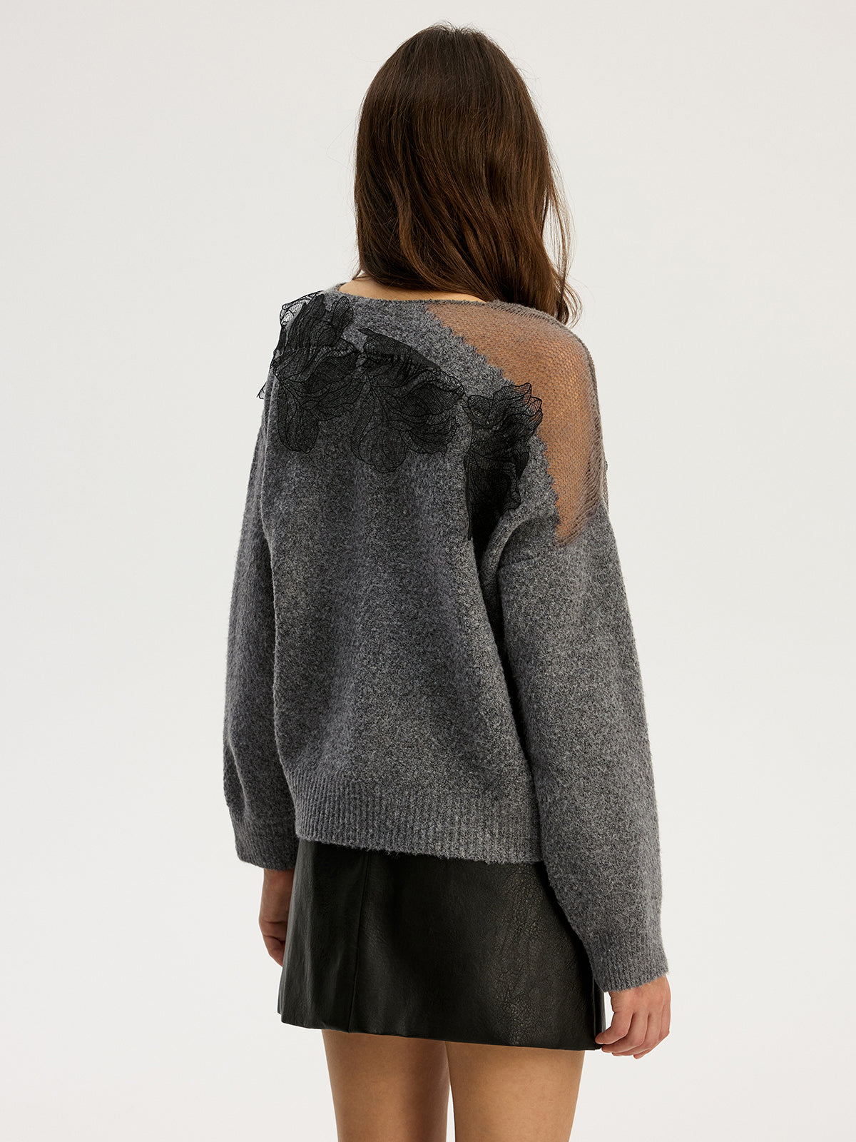 Floral lace Sweater Semi Sheer Round Neck Sweater