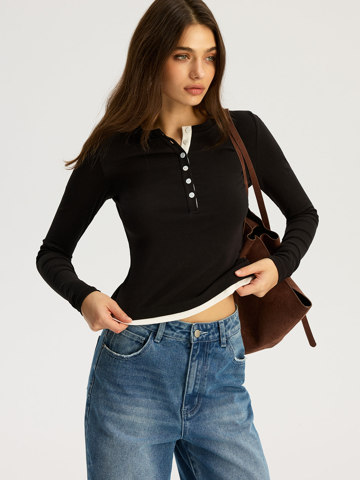 Contrast Trim Cotton Blend Long Sleeve Top