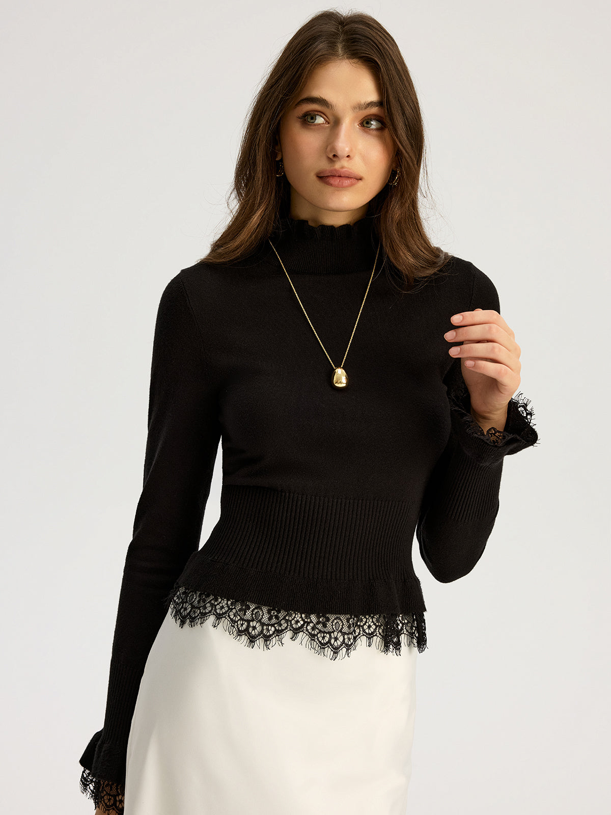 Spitzenbesatz Mock-Neck Stricktop