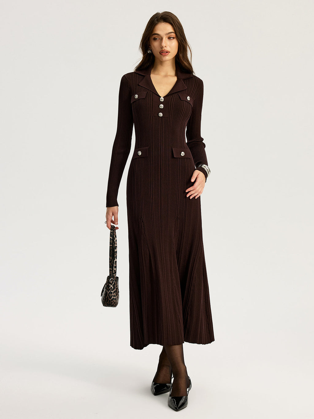 Lapel Metal Detail Knit Maxi Dress